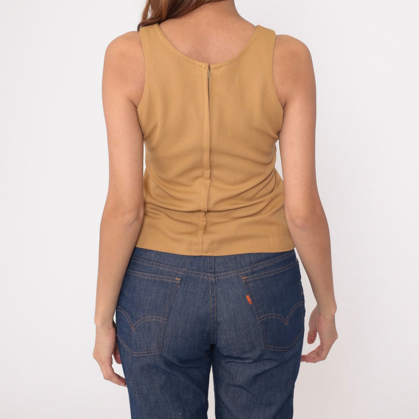 70s Tan Sleeveless Tank Top Round Neckline Rear Zipper Extra Small