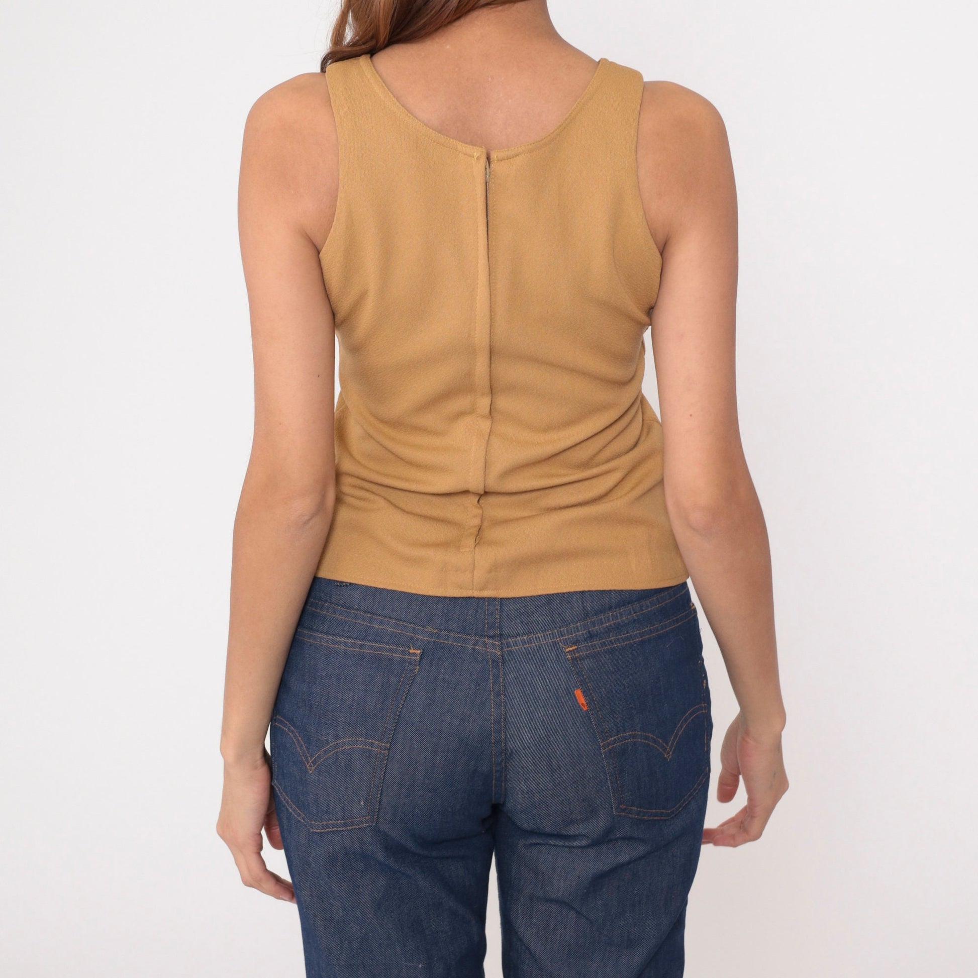 70s Tan Sleeveless Tank Top Round Neckline Rear Zipper Extra Small
