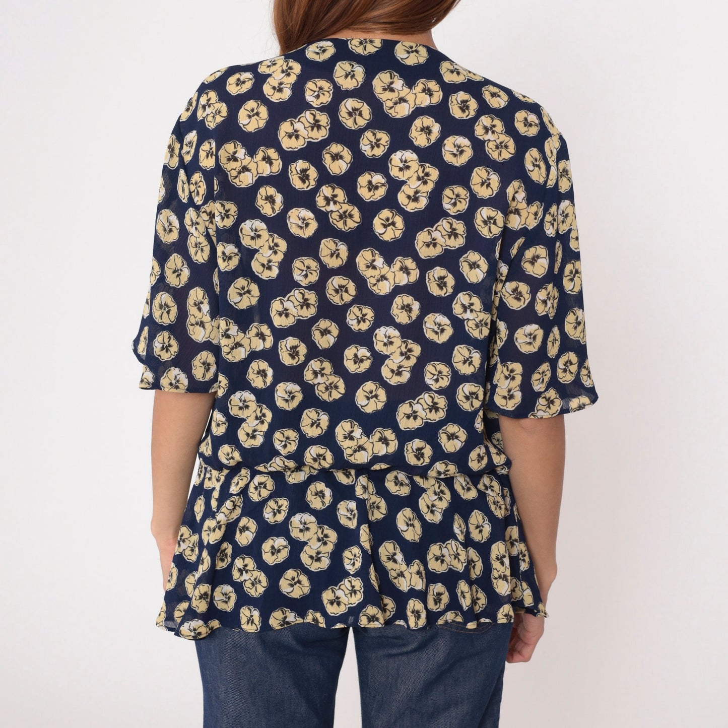 90s Navy Floral Blouse Tie Neck Peplum Flutter Sleeve Shirt Extra Large