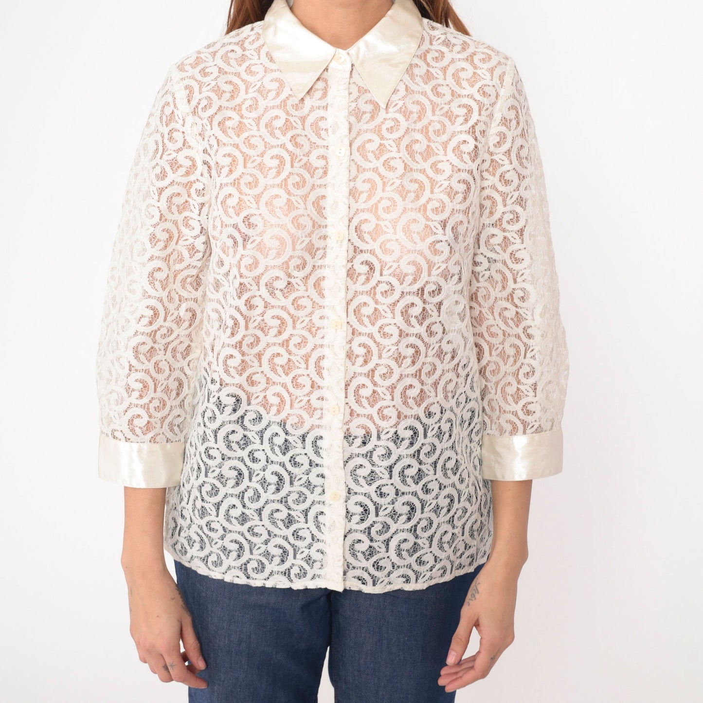 90s Alfred Dunner White Lace Blouse 3/4 Sleeve Button Up Medium Petite