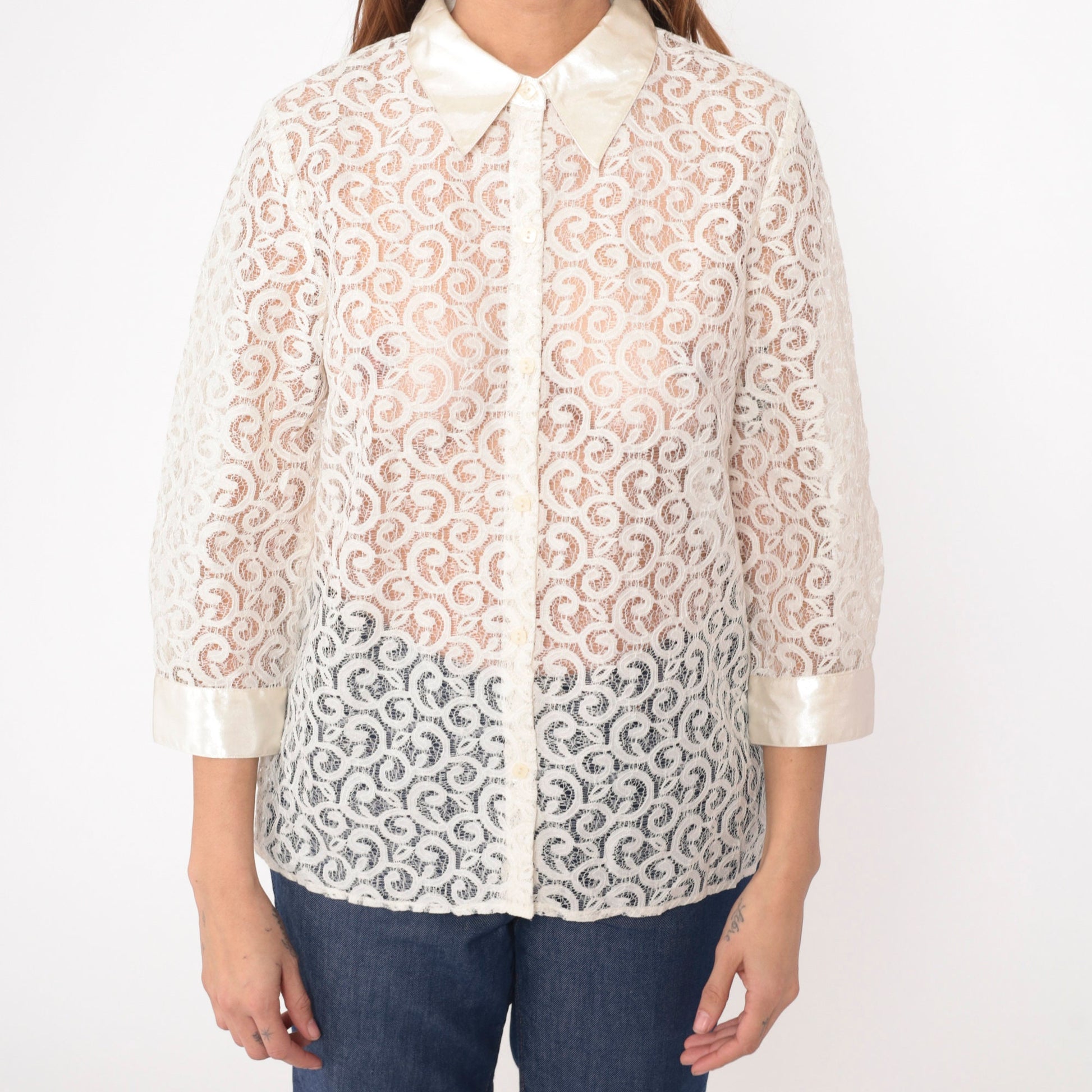 90s Alfred Dunner White Lace Blouse 3/4 Sleeve Button Up Medium Petite