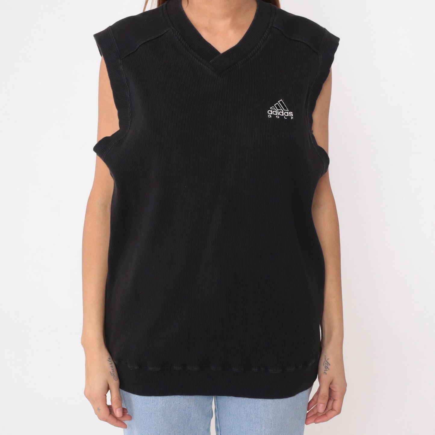 00s Adidas Golf Tank Top Black V-Neck Ribbed Cotton Medium