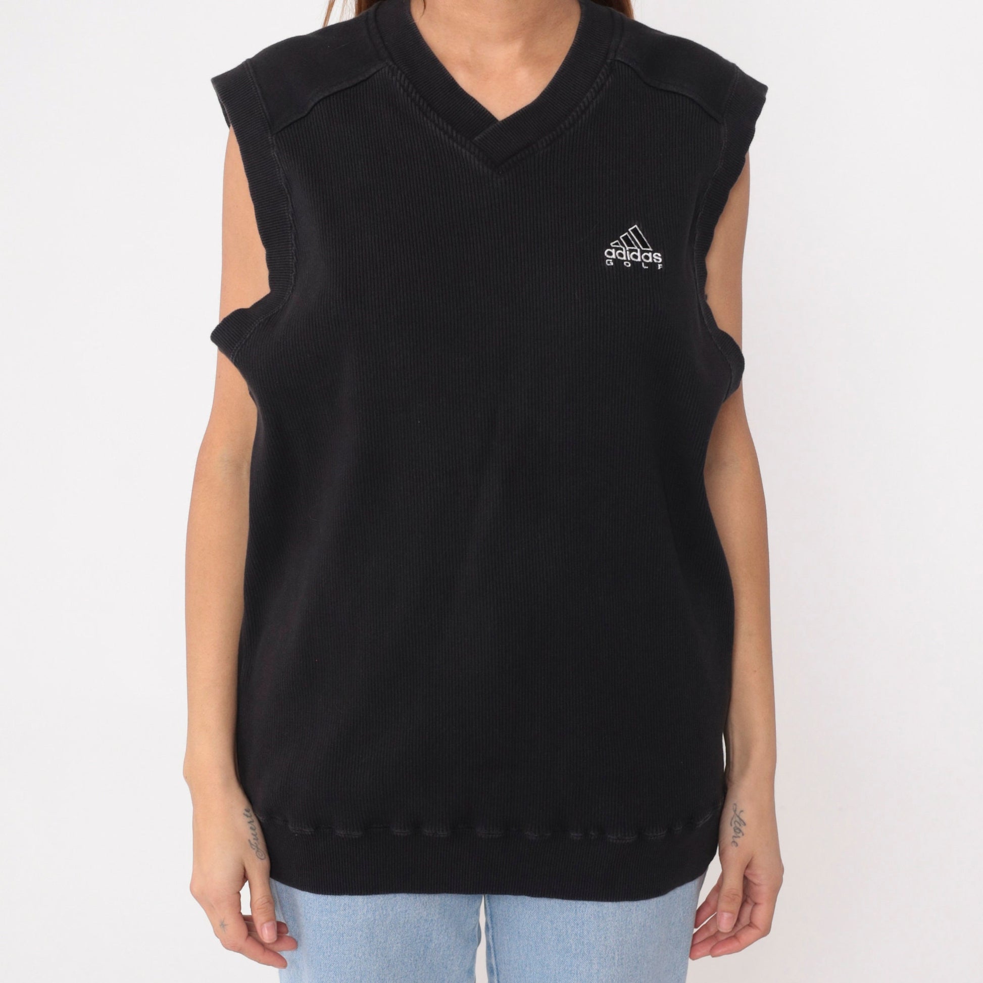 00s Adidas Golf Tank Top Black V-Neck Ribbed Cotton Medium
