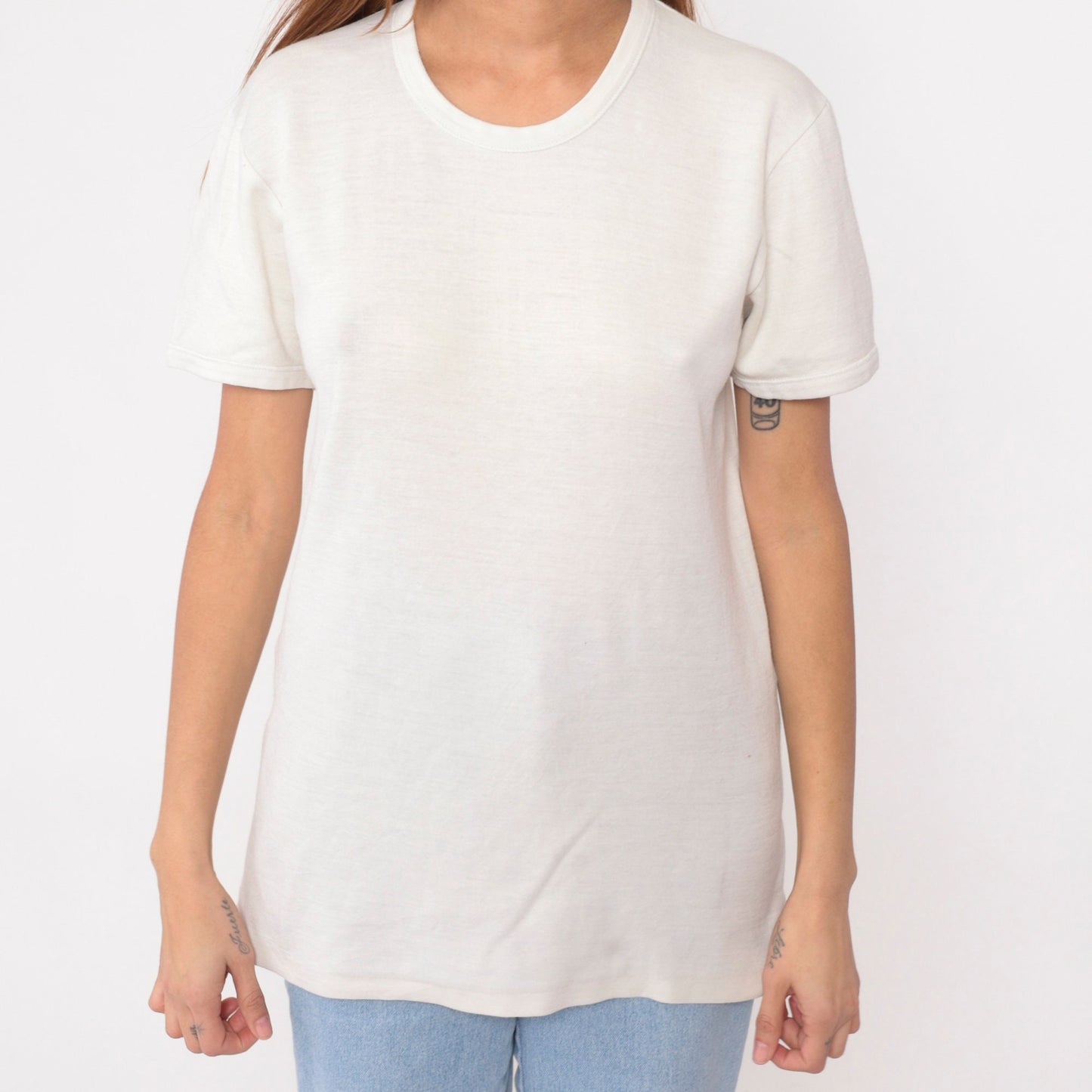 80s White Wool T-Shirt Cotton Lined Thermal Undershirt Medium
