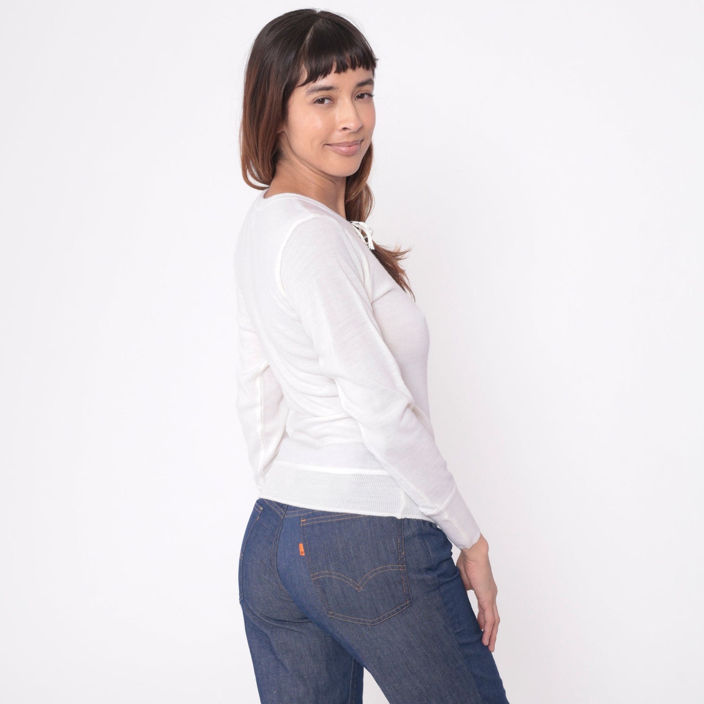 80s White Wool Thermal Long Sleeve Pullover Shirt Snowflake Small