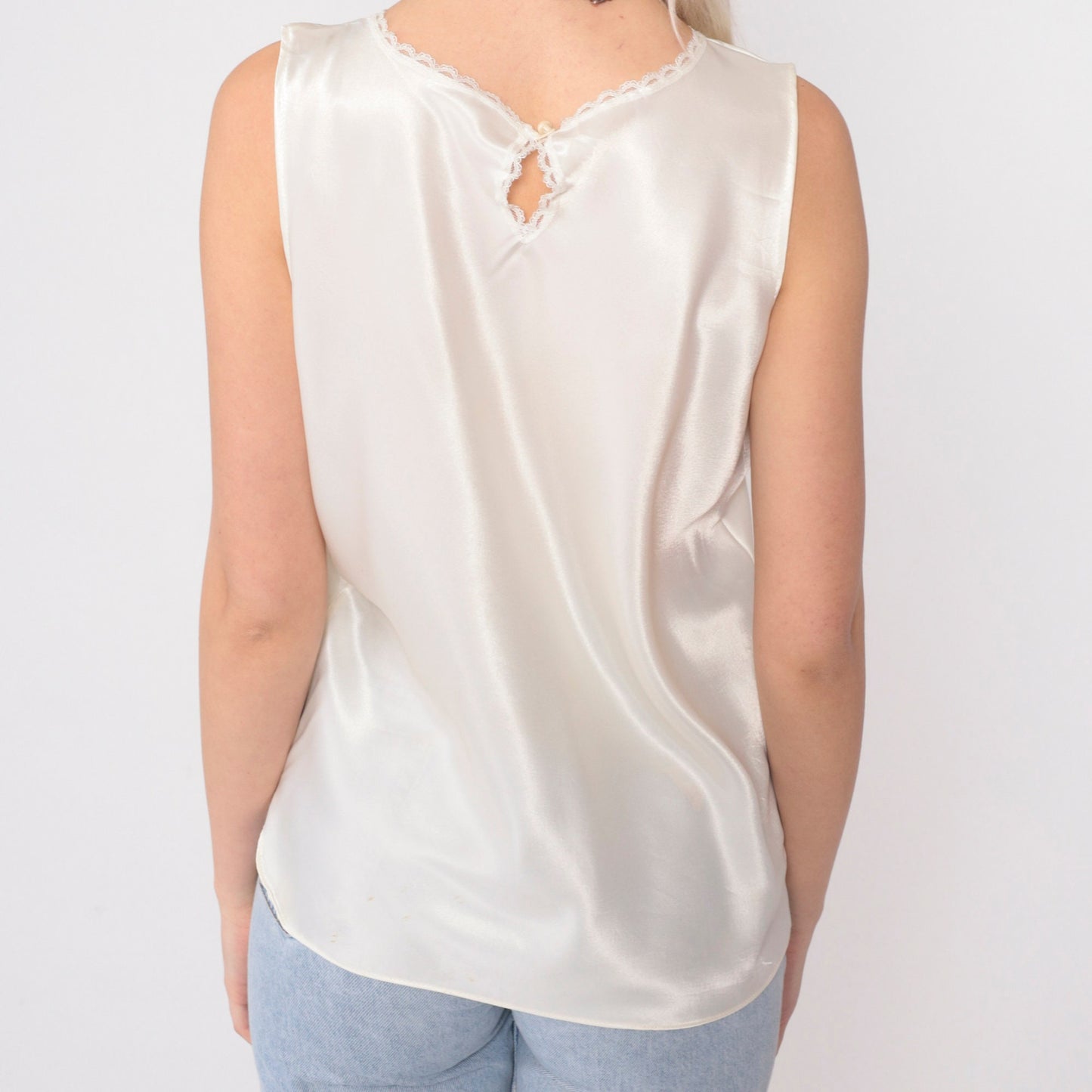 80s White Satin Camisole Tank Top Pearl Beaded Lace Trim Medium