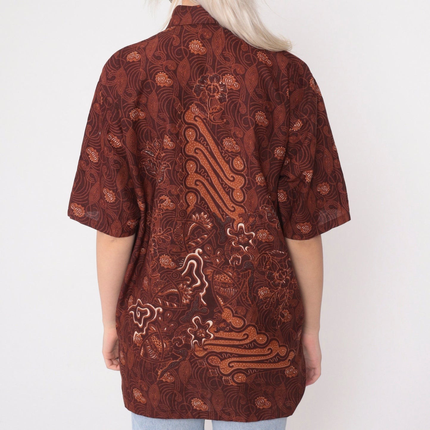 90s Batik Abstract Floral Button Up Shirt Brown Large