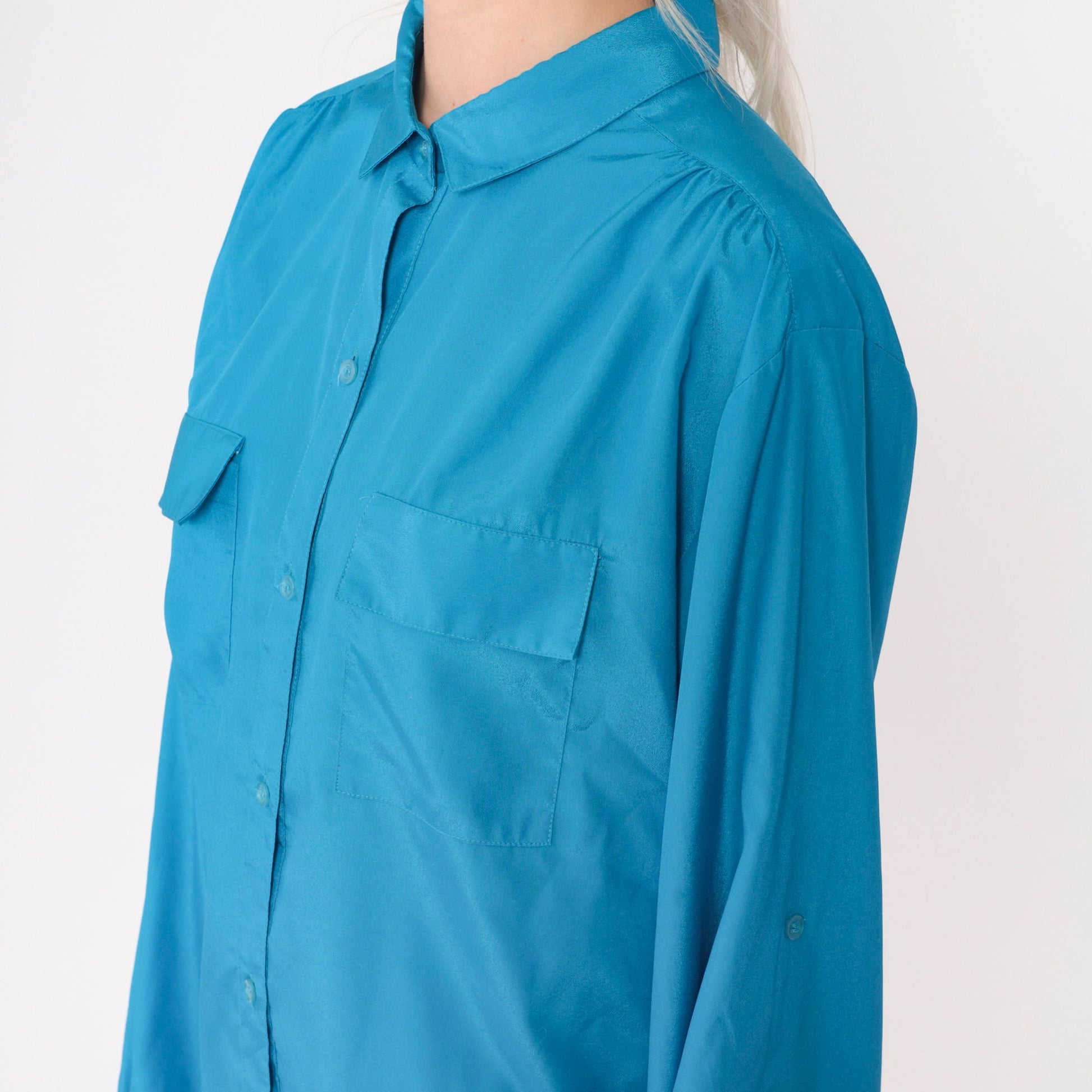 90s Turquoise Button-Up Blouse Gathered Shoulders Roll Tab Sleeves Large