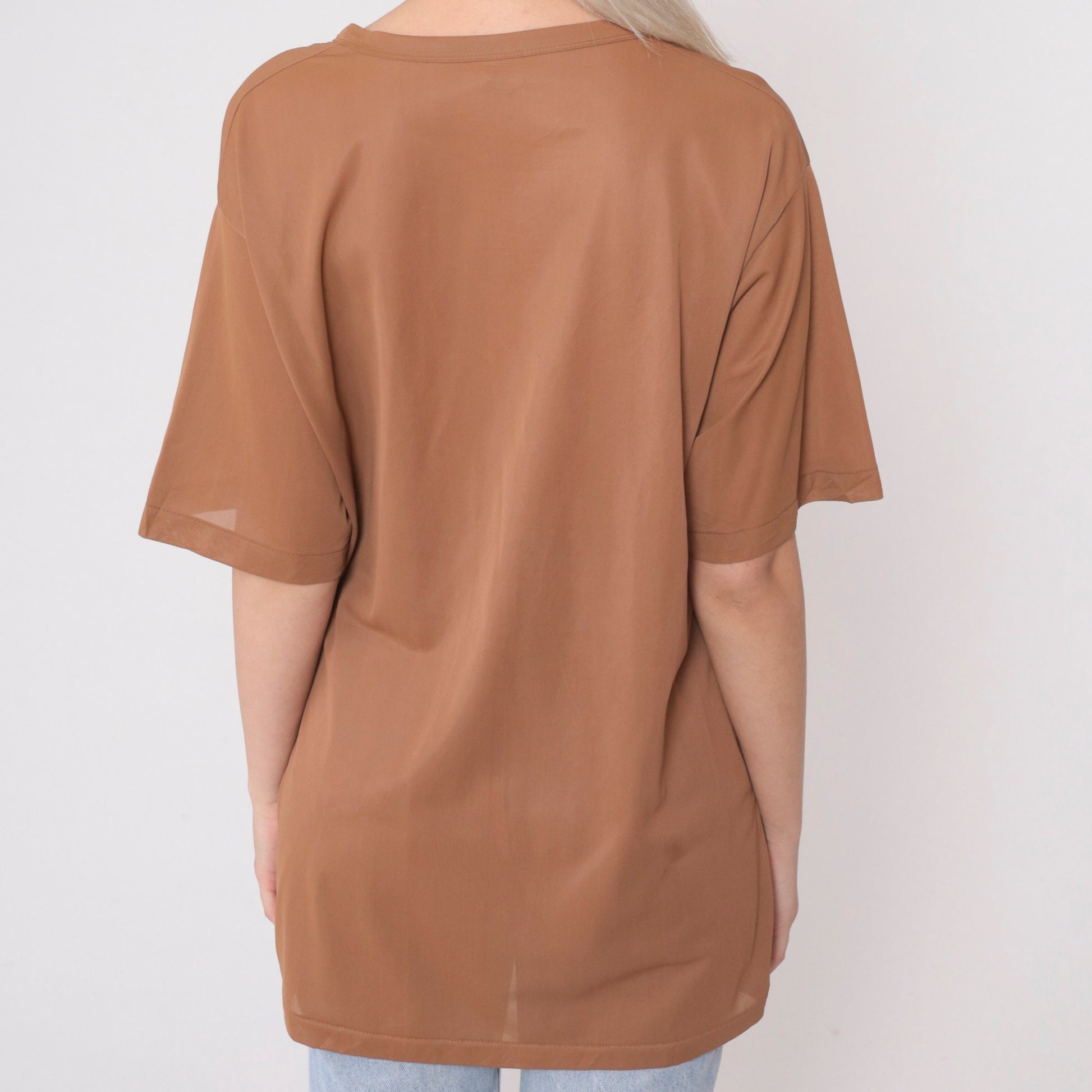 80s Light Brown Nylon Crewneck Blouse Short Sleeve Medium Large