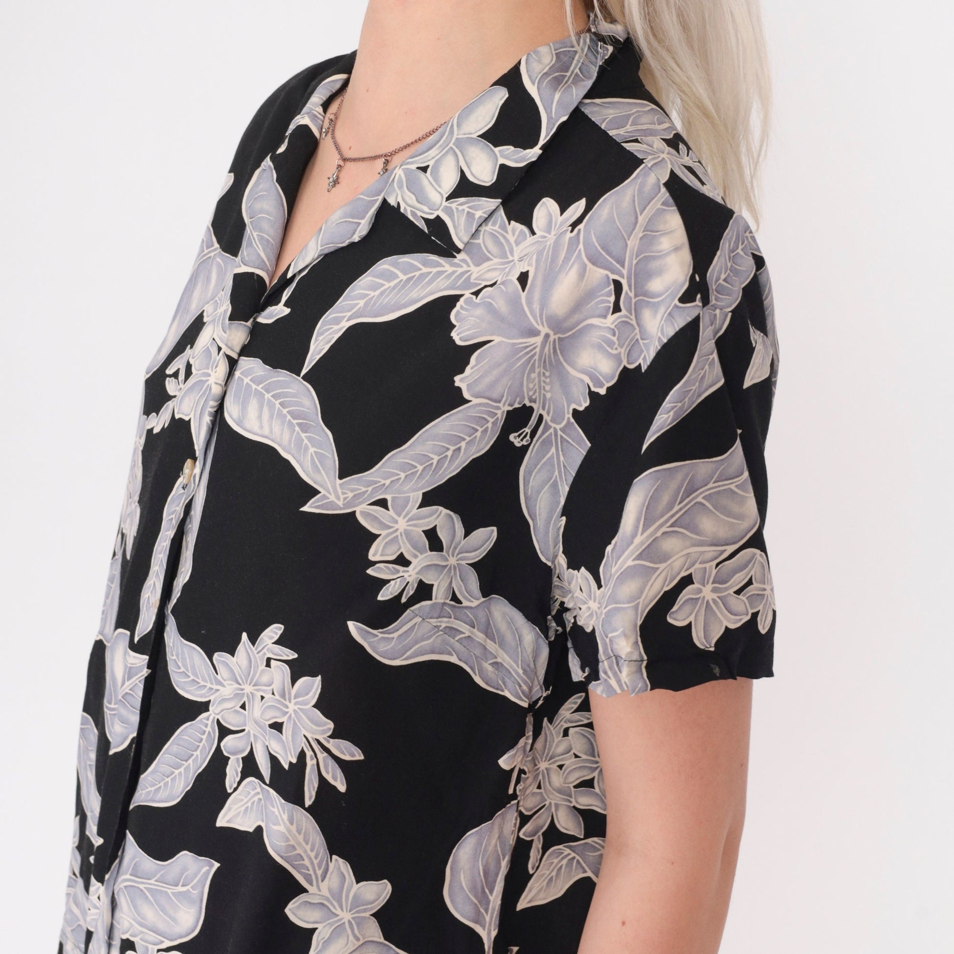 90s Nani Hawaii Tropical Floral Button Up Blouse Black Viscose Large