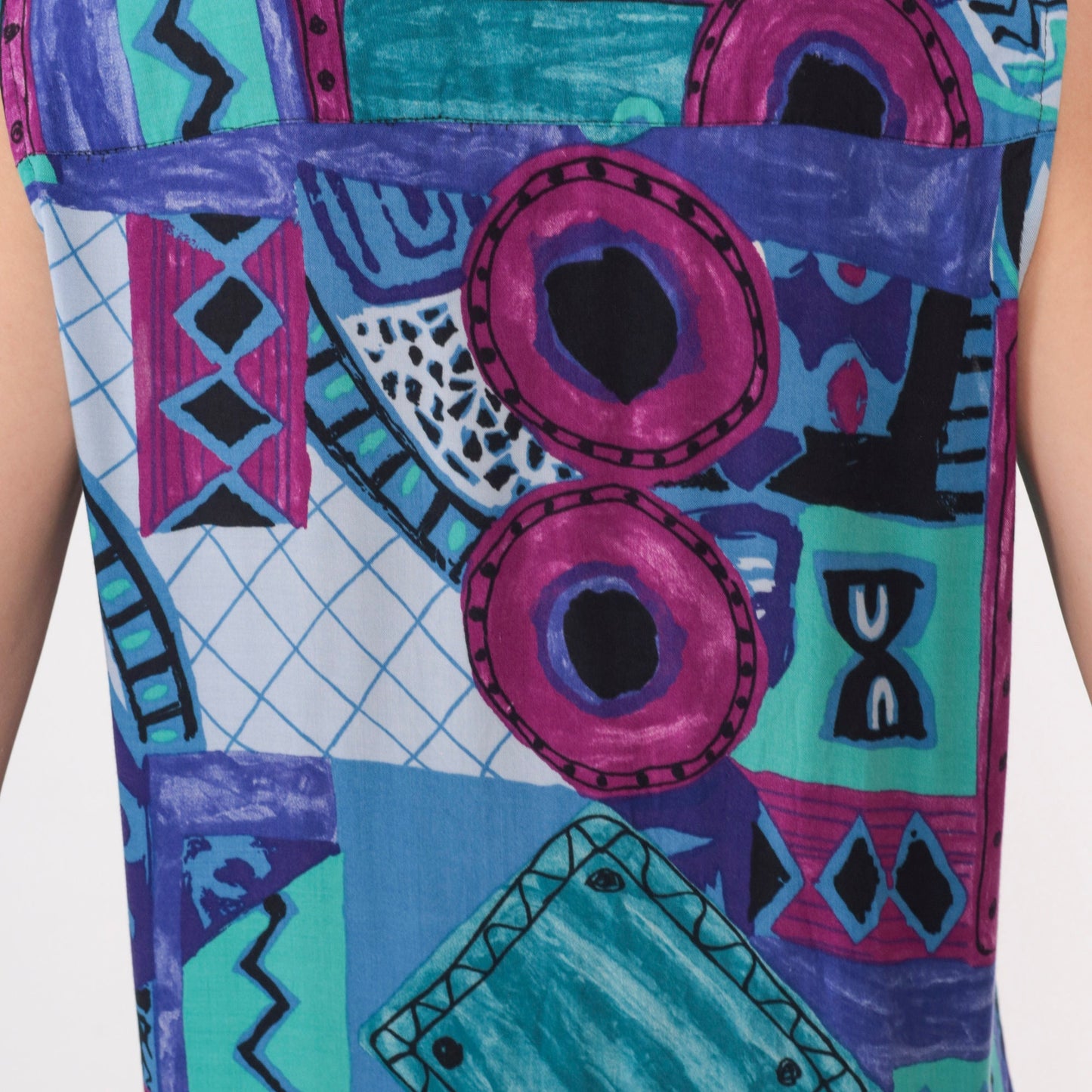 90s Geometric Patchwork Button-Up Tank Top Rayon Purple Blue Small