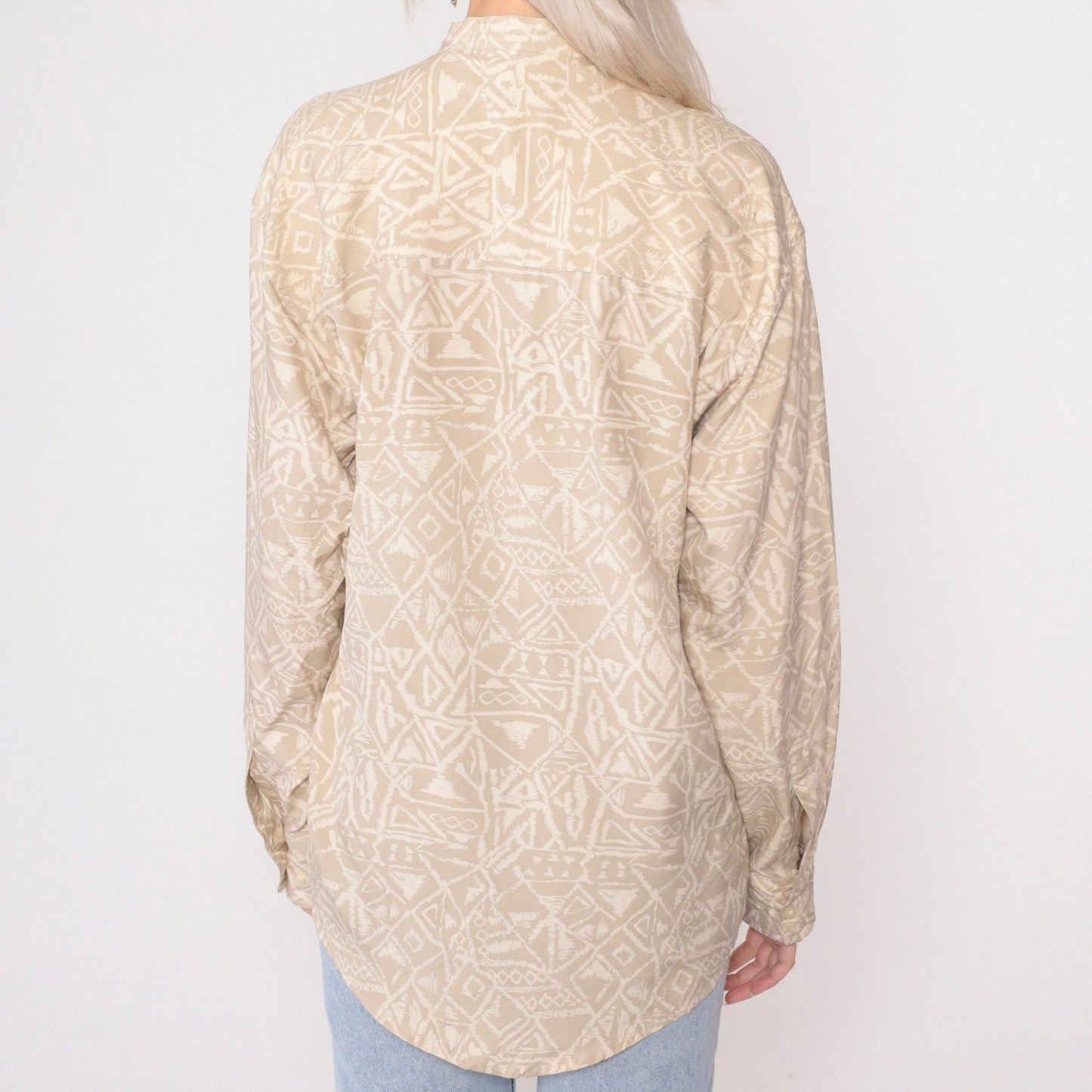 90s Generra Silk Geometric Button Up Shirt Beige Stand Collar Small