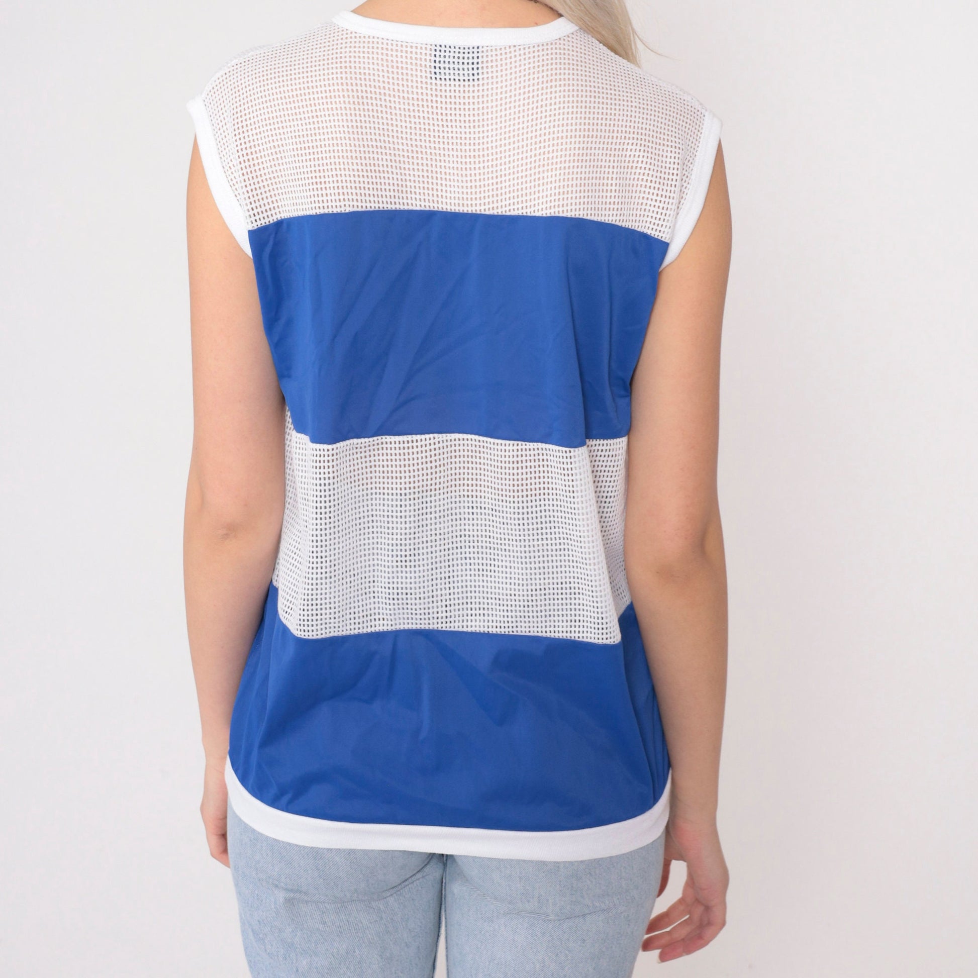 80s Indy Knit Mesh Tank Top Color Block Blue White Sleeveless Medium