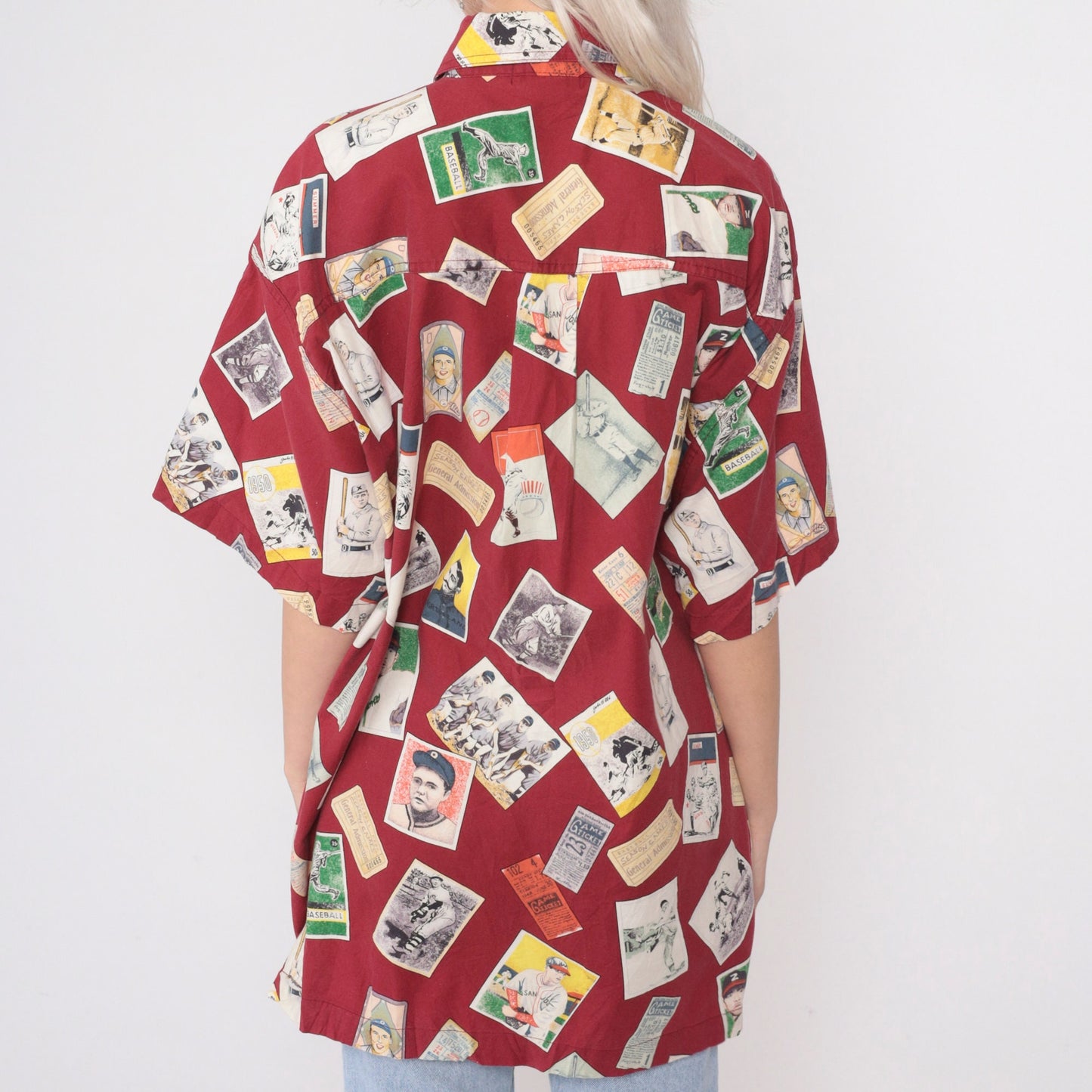 90s Baseball Card Print Button-Up Shirt Red Cotton Large