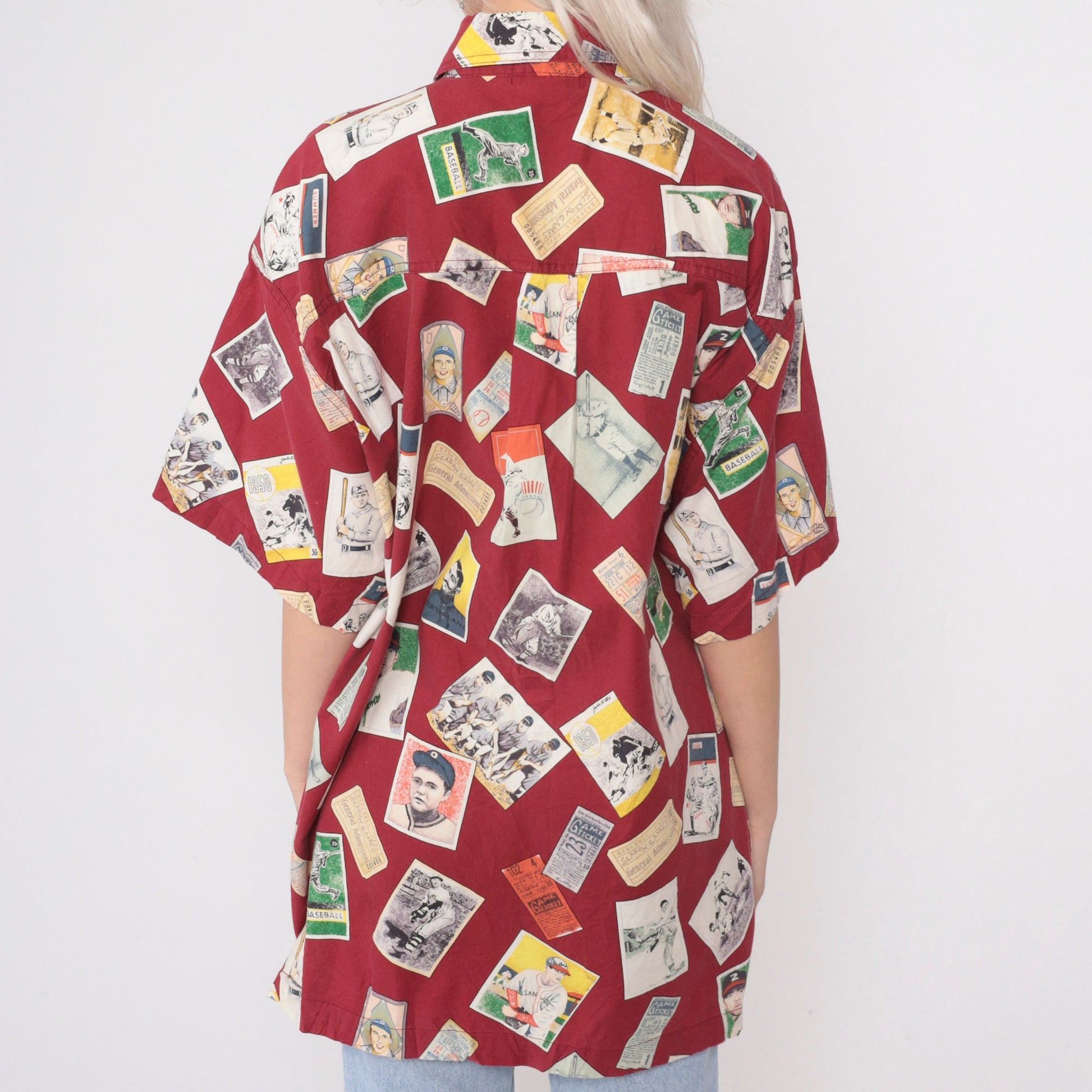 90s Baseball Card Print Button-Up Shirt Red Cotton Large