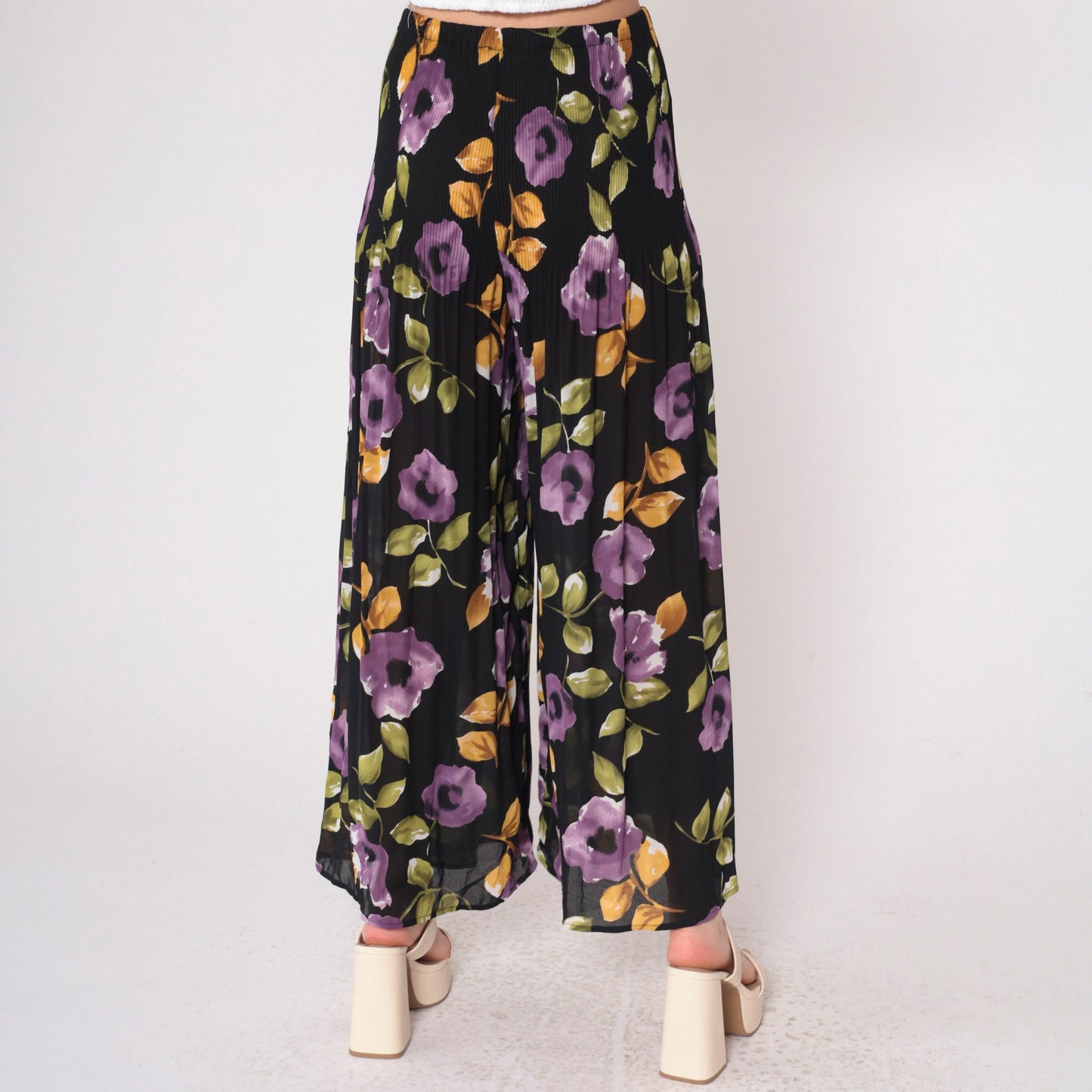 90s Black Floral Palazzo Pants Semi-Sheer High Waist Pleated Wide Leg Small