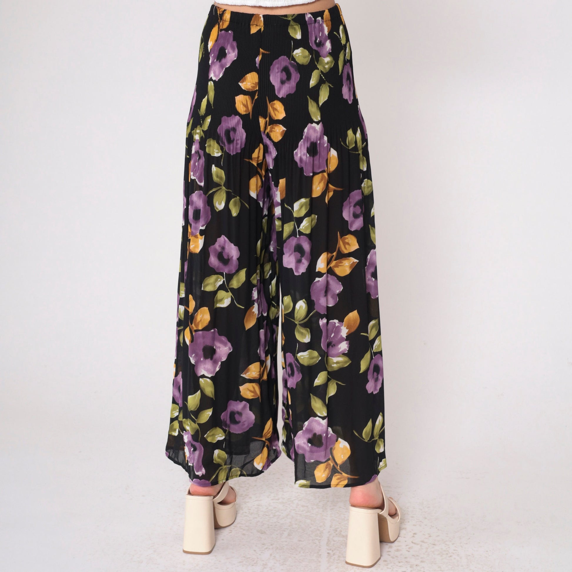 90s Black Floral Palazzo Pants Semi-Sheer High Waist Pleated Wide Leg Small