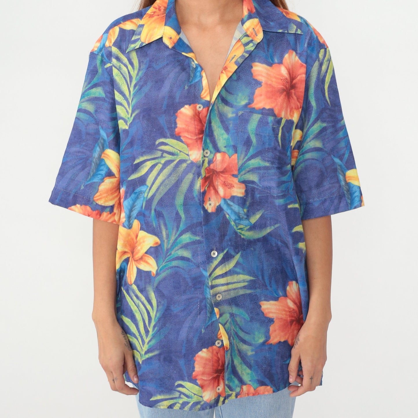 90s Georg Roth Hawaiian Shirt Blue Tropical Floral Button Up Extra Large