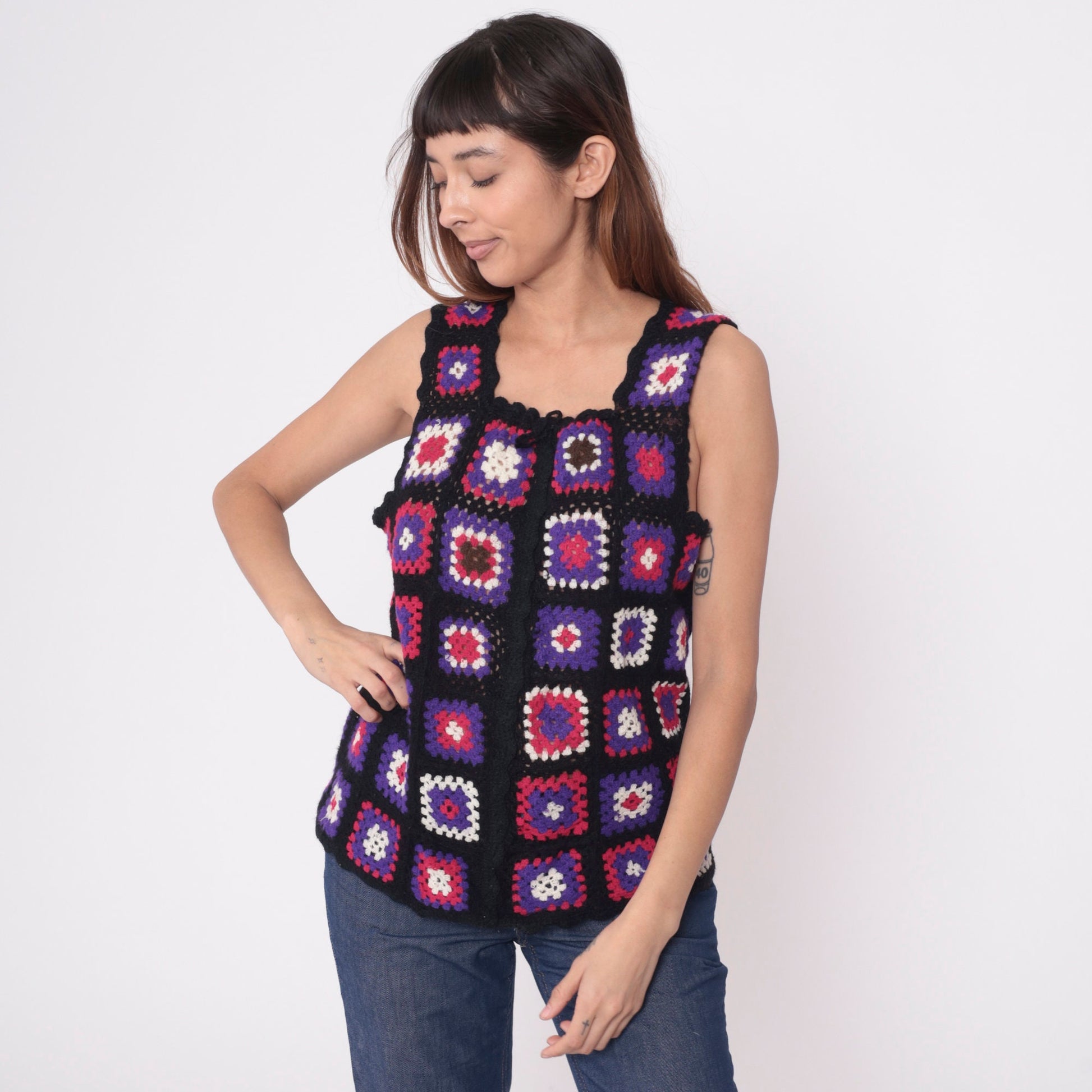 70s Crochet Granny Square Tank Top Patchwork Vest Black Pink Purple Small