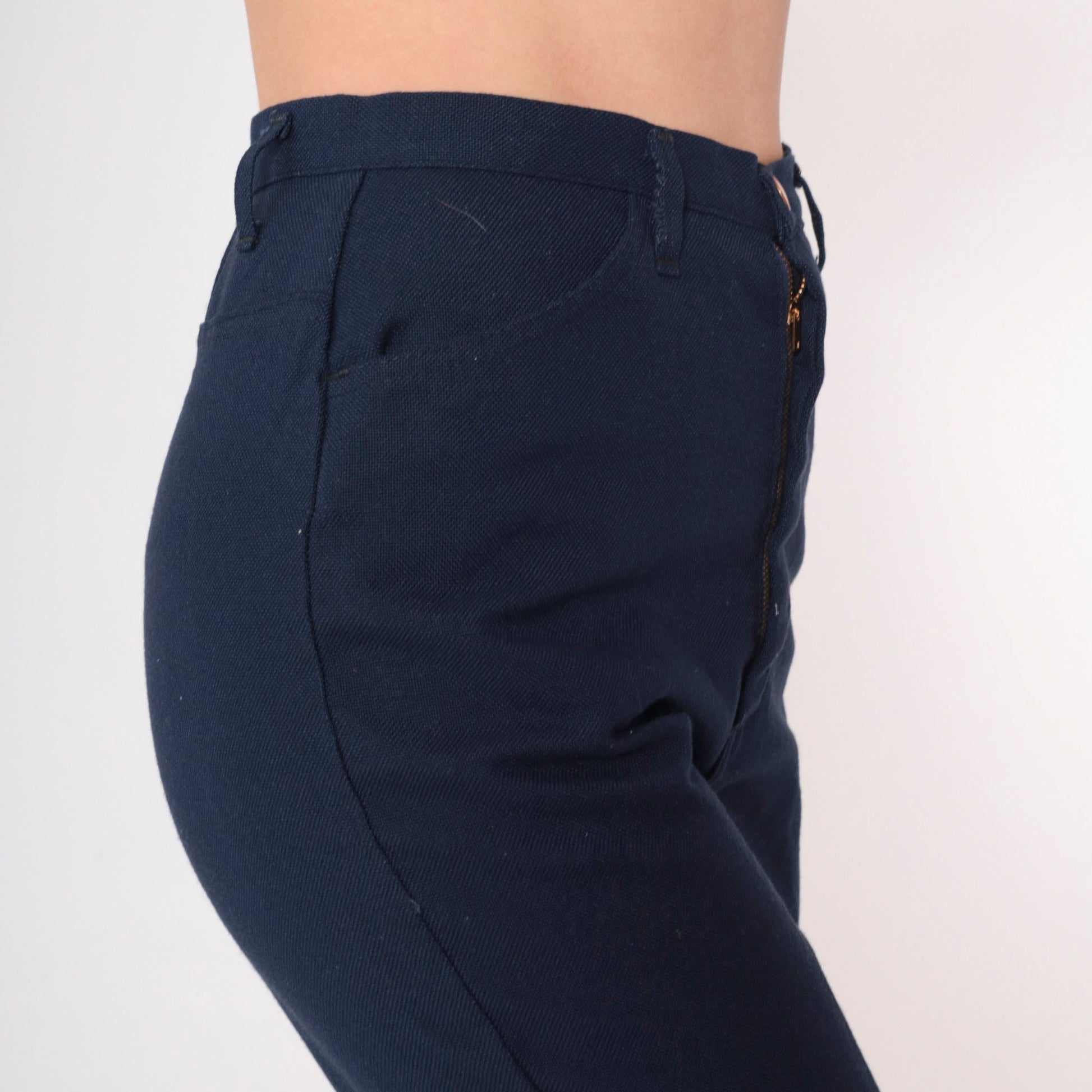 70s Navy High-Rise Straight Leg Trousers Creased Vintage Extra Small
