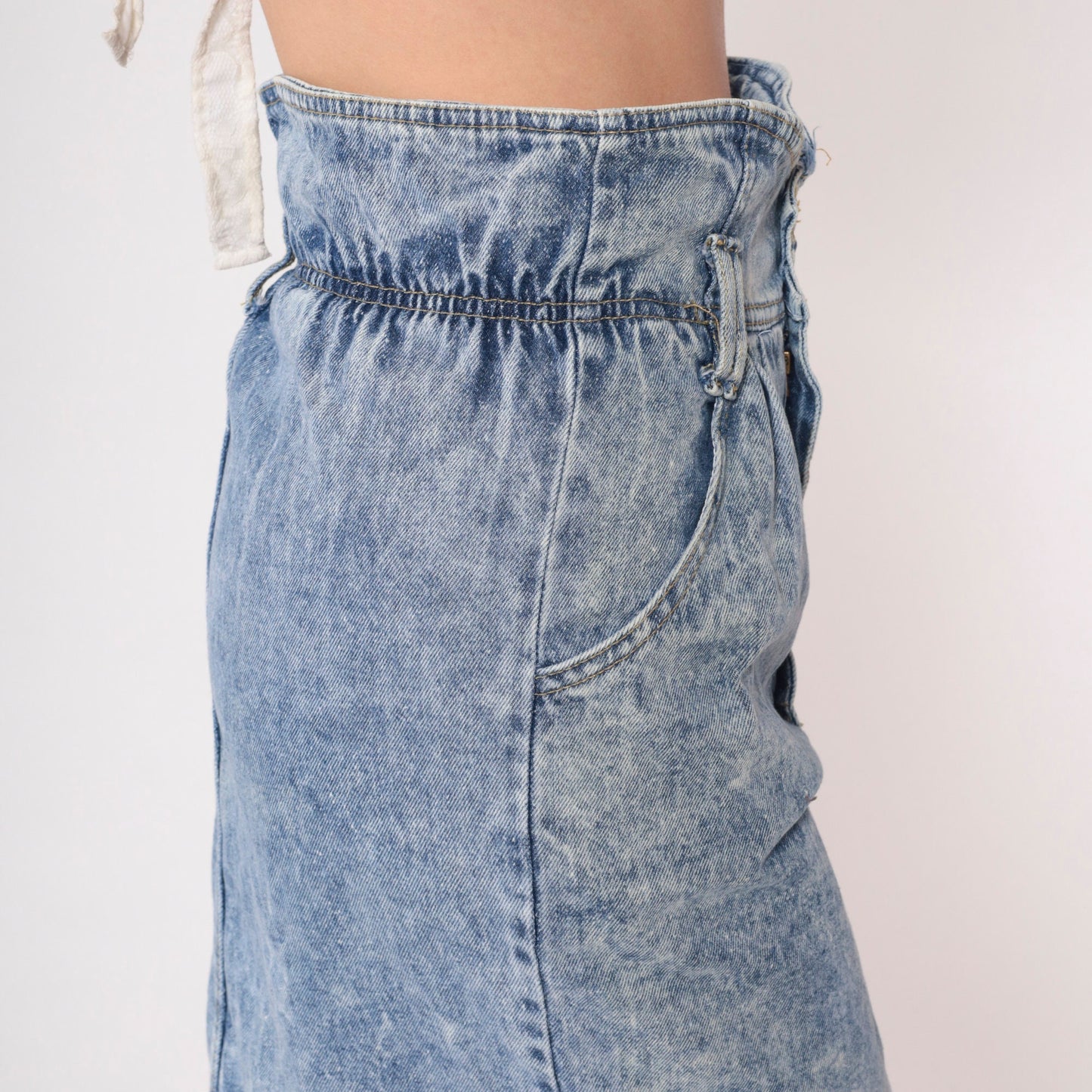 90s Acid Wash Denim Mini Skirt High Shirred Waist Blue Pencil Extra Small