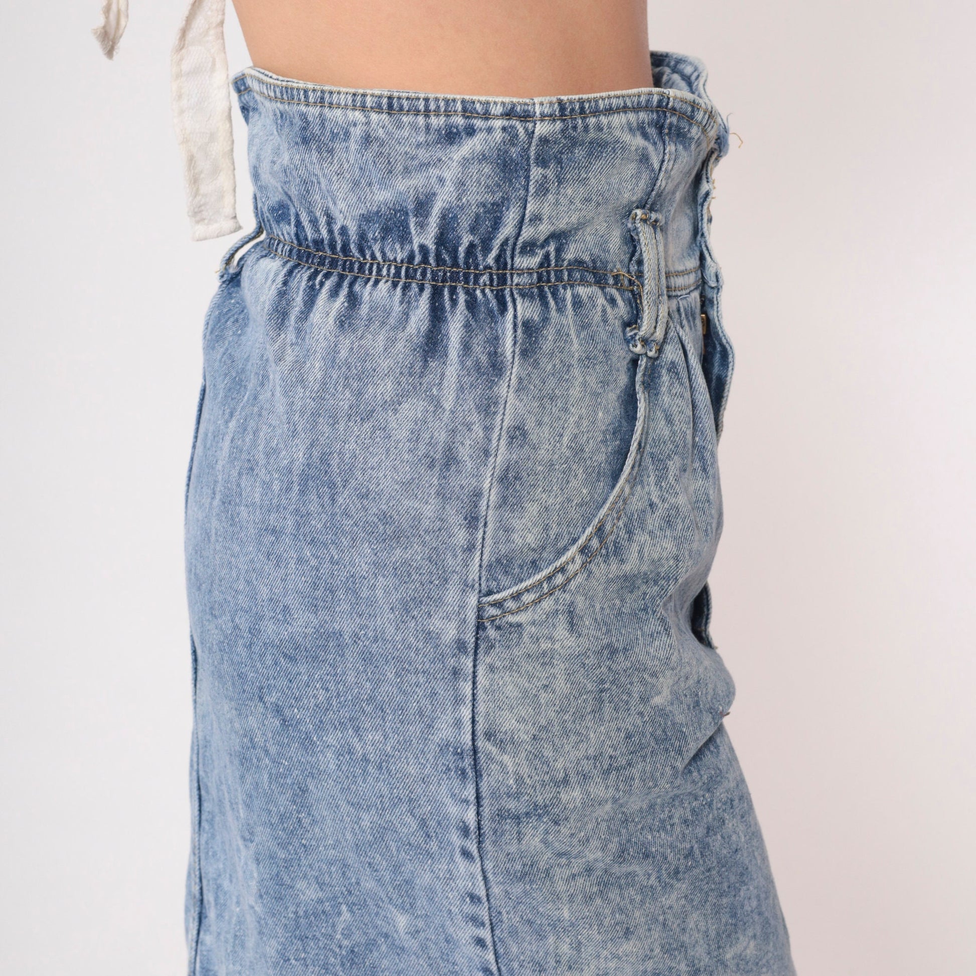 90s Acid Wash Denim Mini Skirt High Shirred Waist Blue Pencil Extra Small