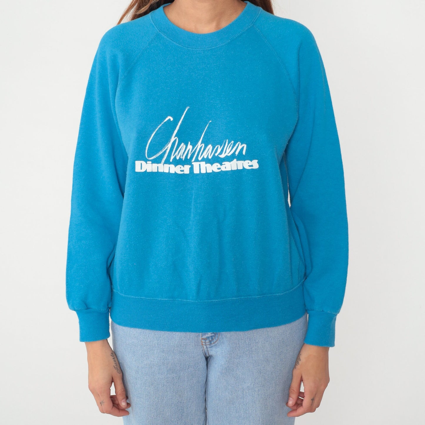 80s Chanhassen Dinner Theatres Minnesota Raglan Sweatshirt Turquoise Graphic Medium