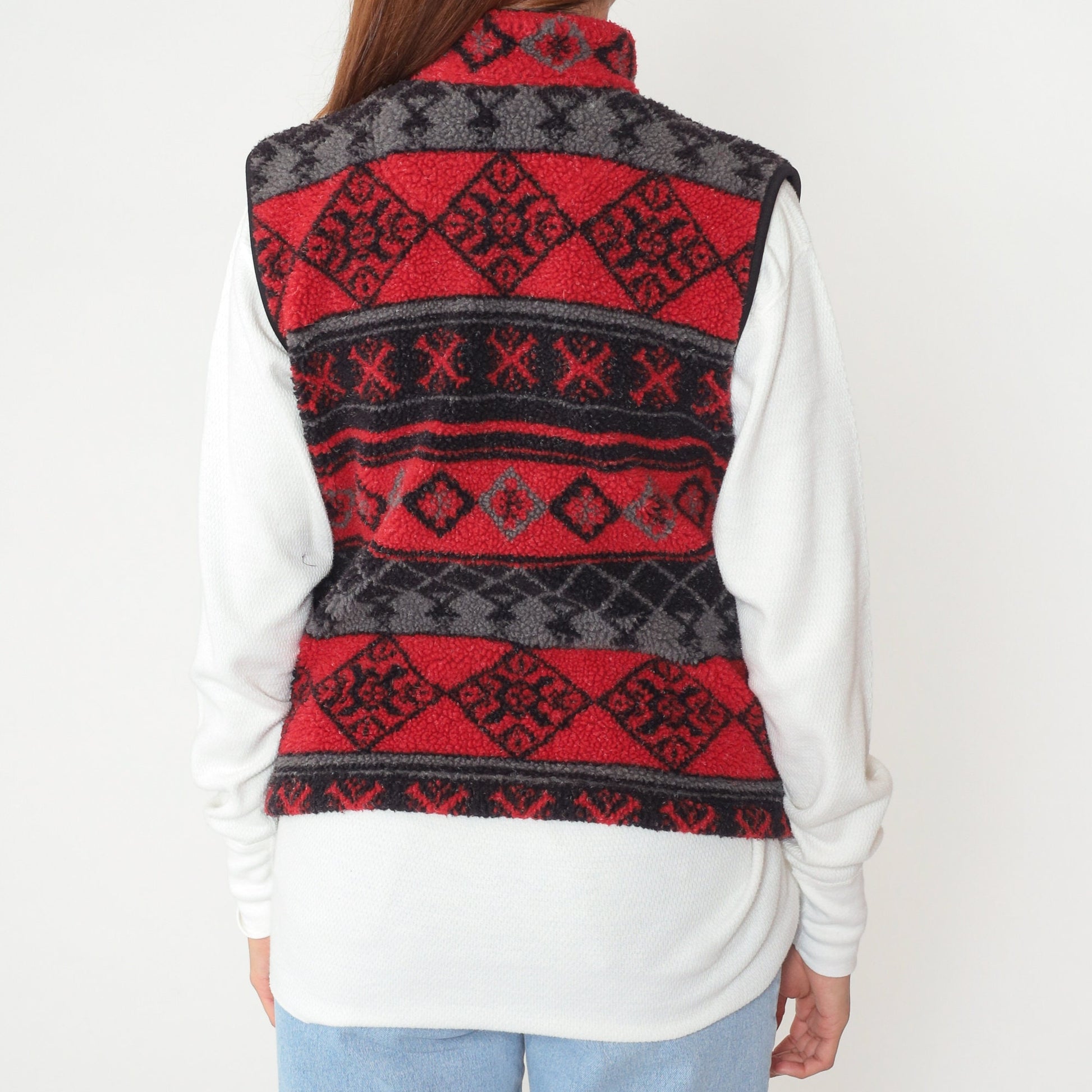 90s Northwest Blue Fleece Vest Red Geometric Striped Zip-Up Medium M