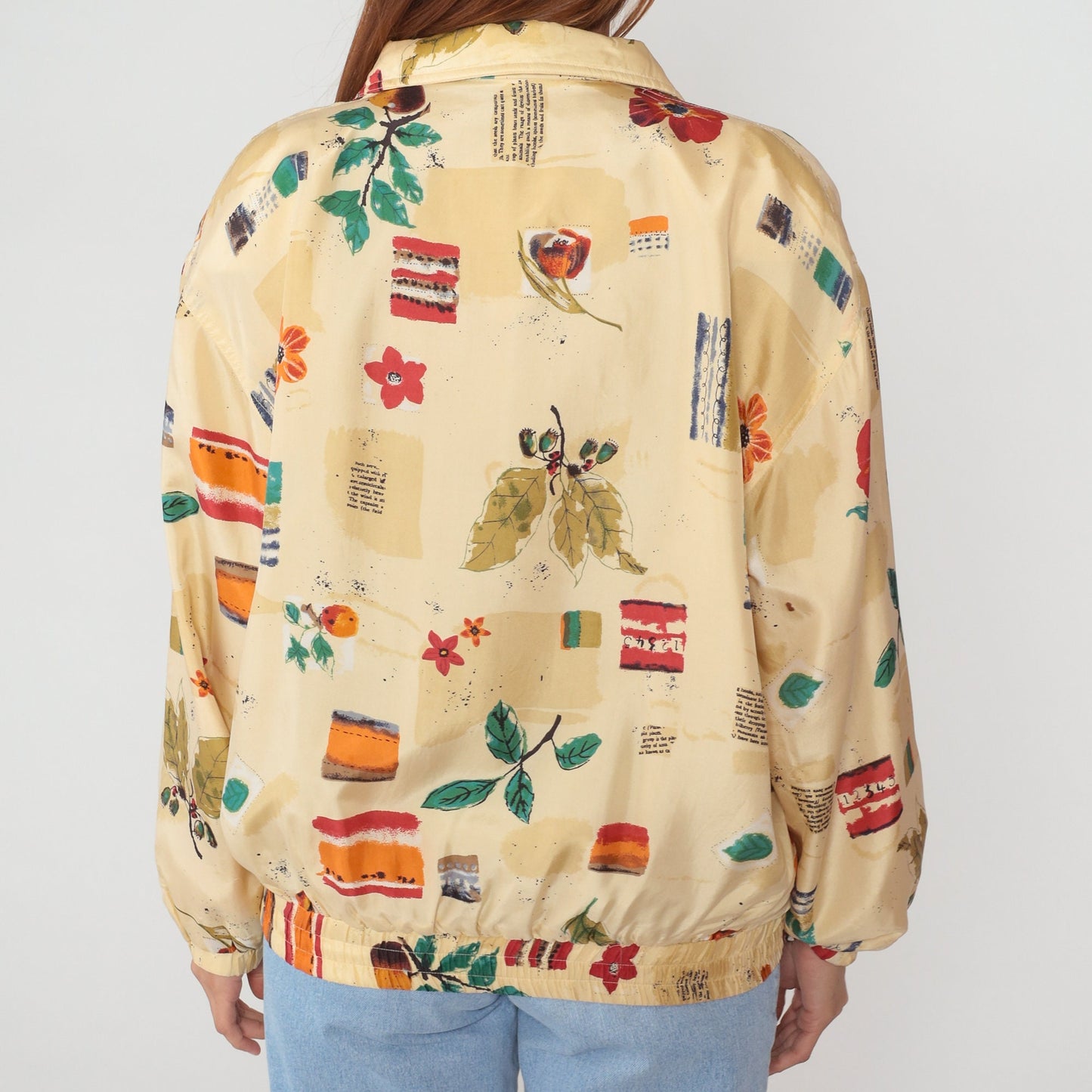 90s Wilson Silk Bomber Jacket Beige Floral Watercolor Print Medium M