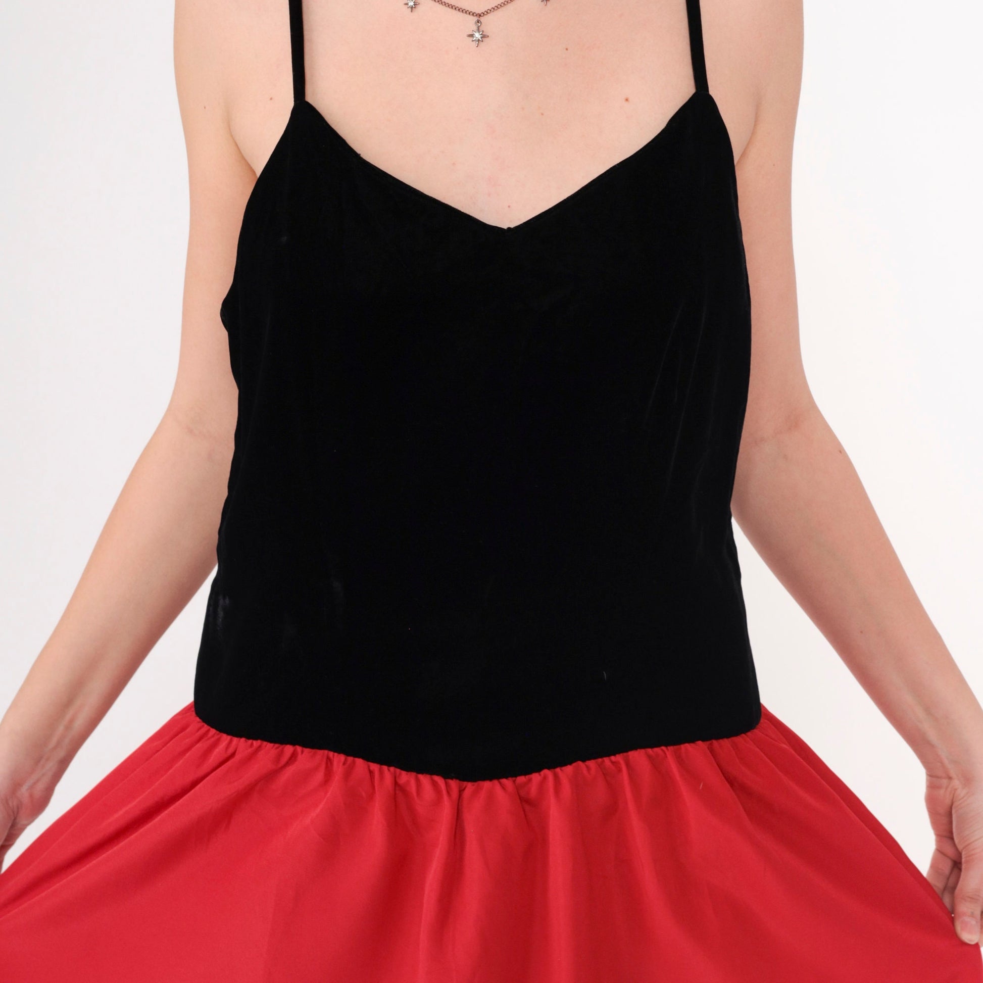 80s Velvet Colorblock Midi Dress Red Black Spaghetti Strap V Neck Medium