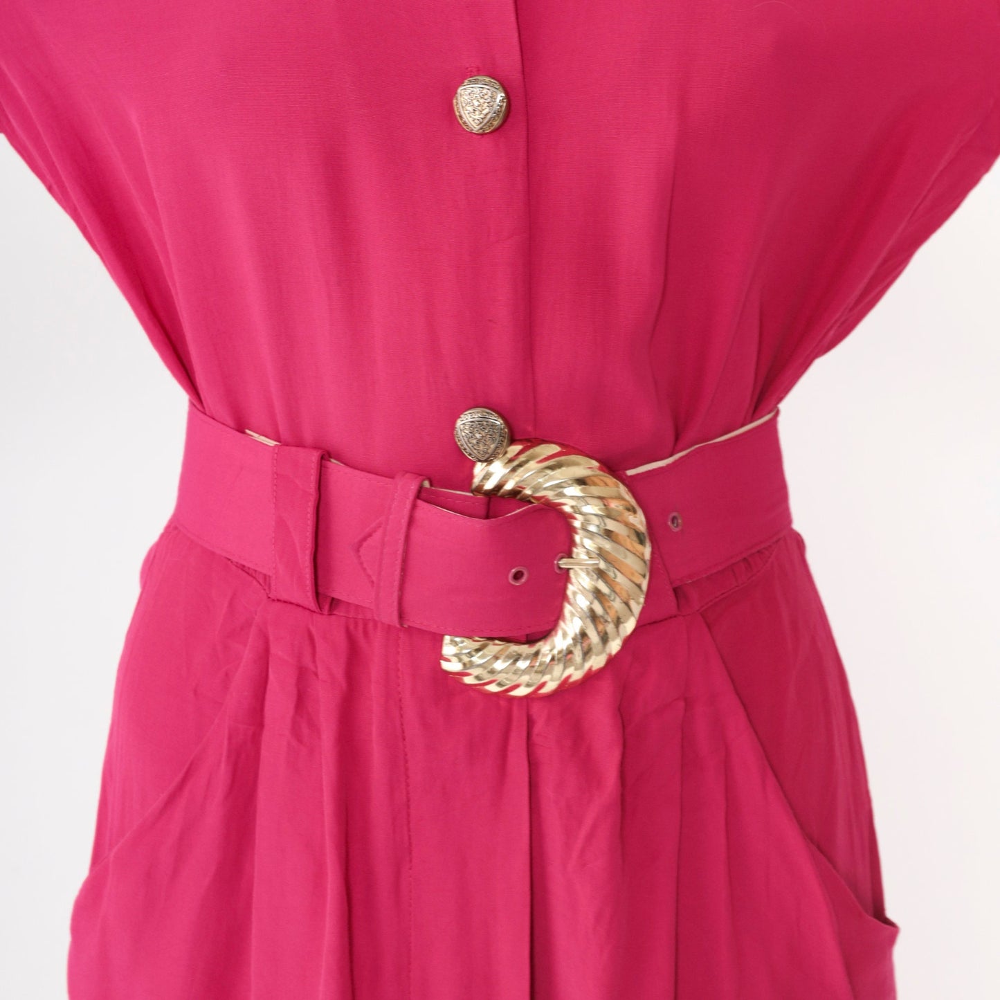 90s Hot Pink Mini Dress Button-Up Sheath Belted Short Sleeve Small