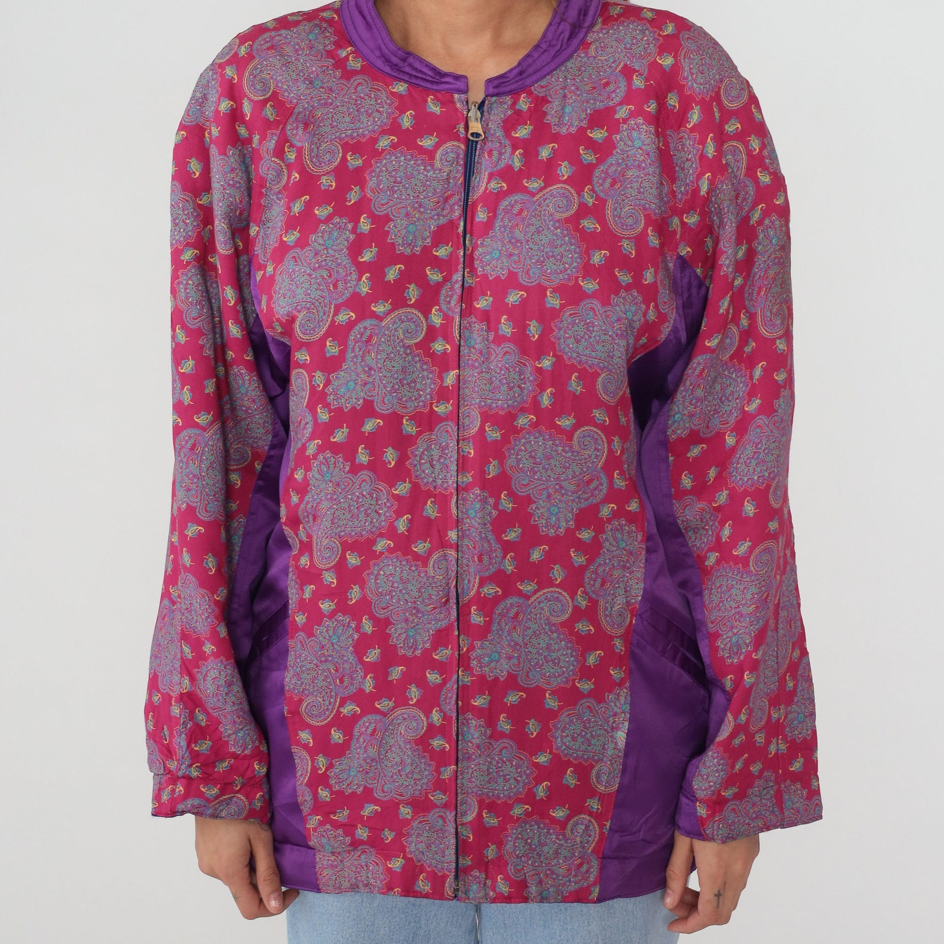 90s Paisley Silk Jacket Pink Purple Color Block Bomber Large L