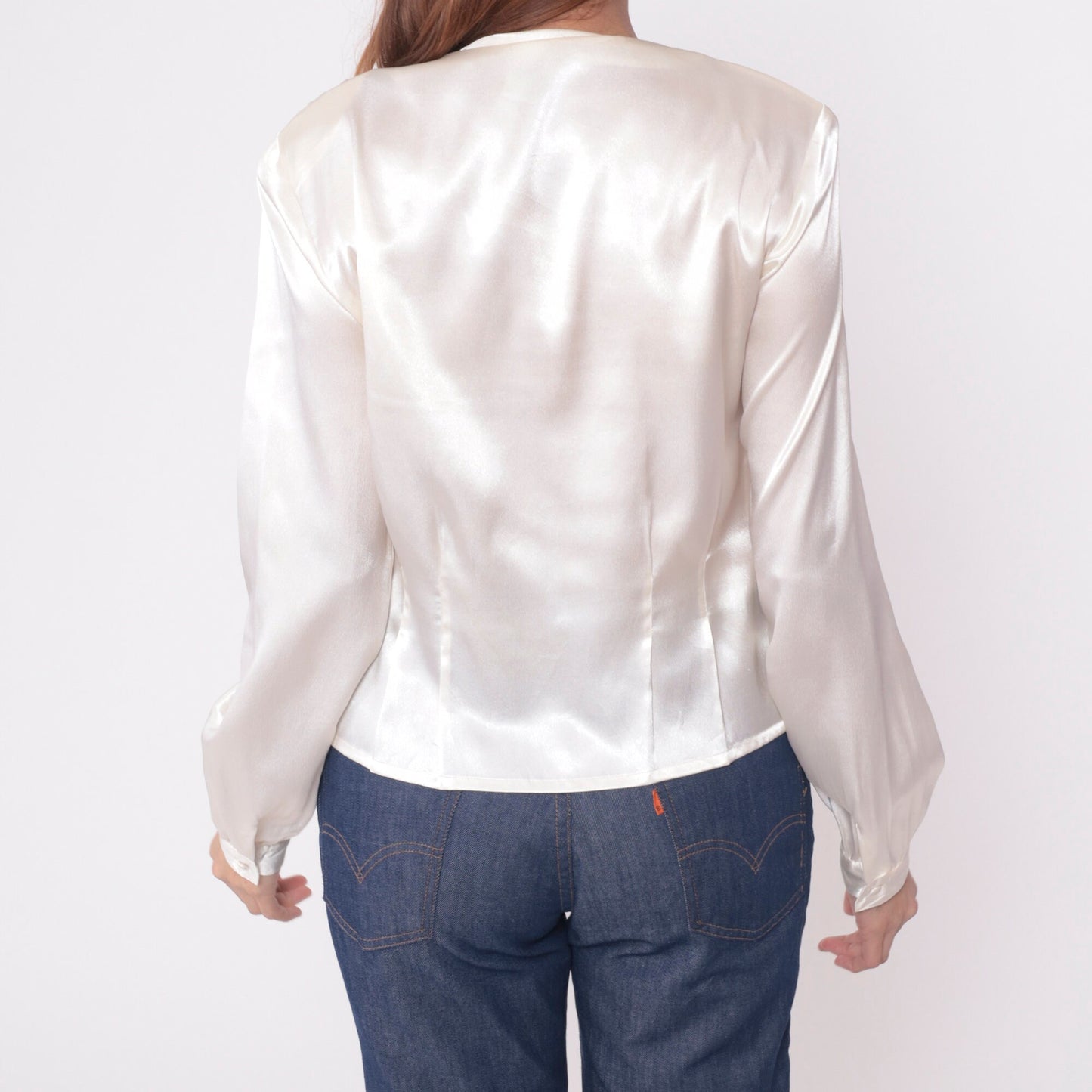 80s White Satin Blouse Embroidered Floral Beaded Sequin Long Sleeve Medium