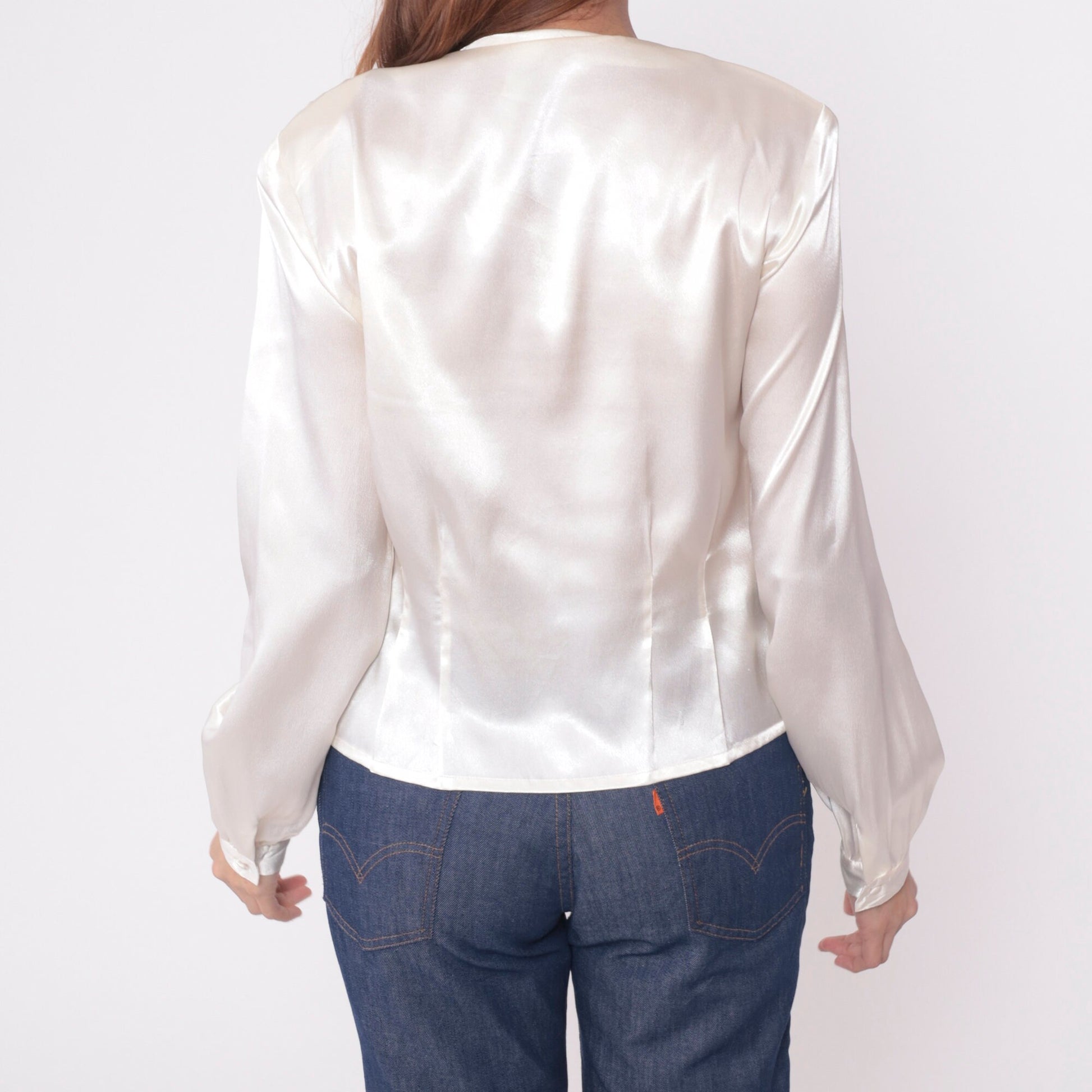 80s White Satin Blouse Embroidered Floral Beaded Sequin Long Sleeve Medium