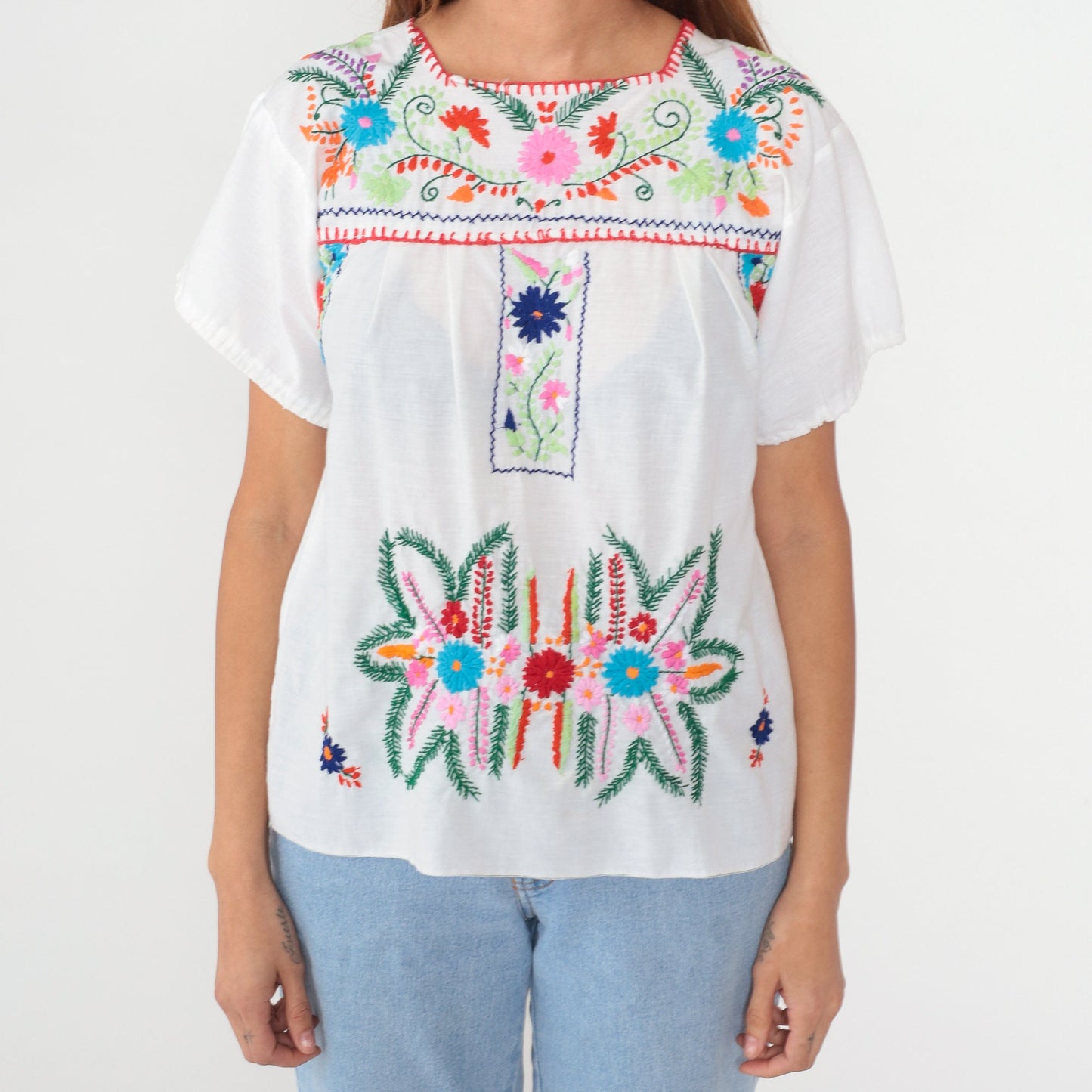 90s Mexican Embroidered White Floral Blouse Short Sleeve Small