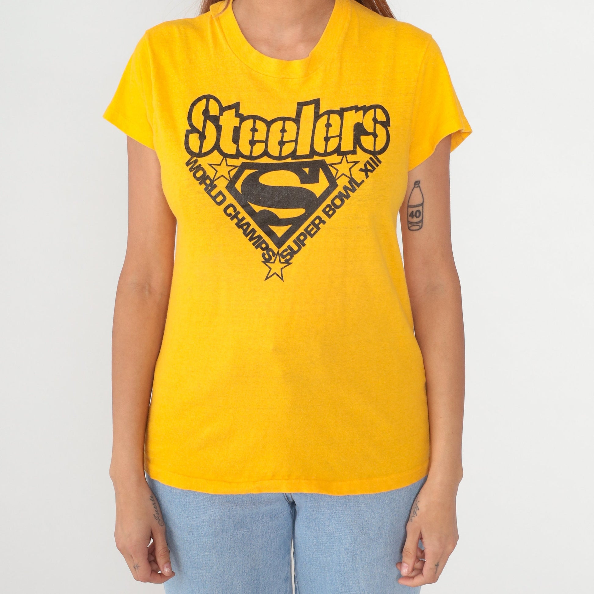 1980s Pittsburgh Steelers Super Bowl XIII Champions Graphic Tee Yellow Medium