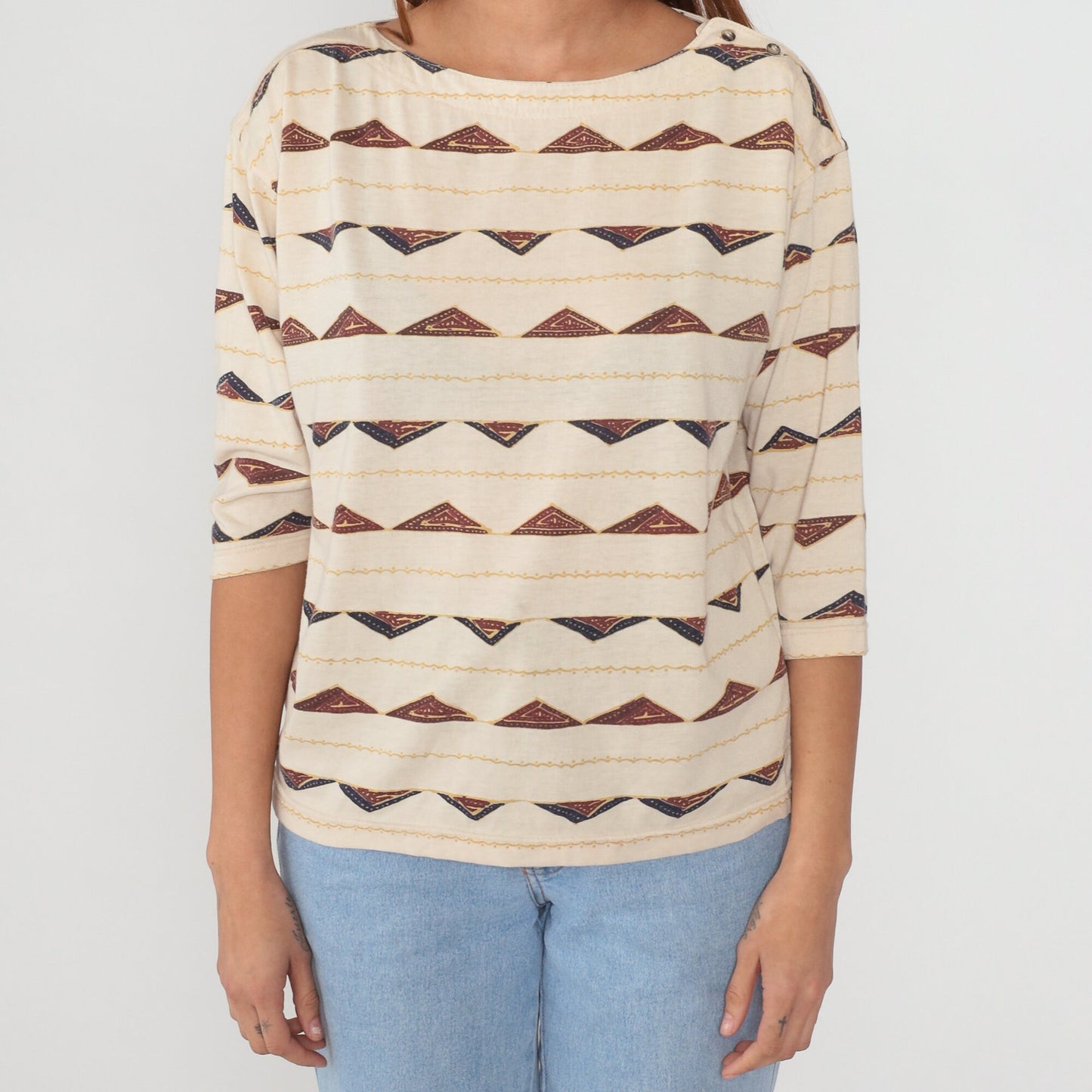 90s Outback Red Triangle Print Button Shoulder Blouse Beige Small