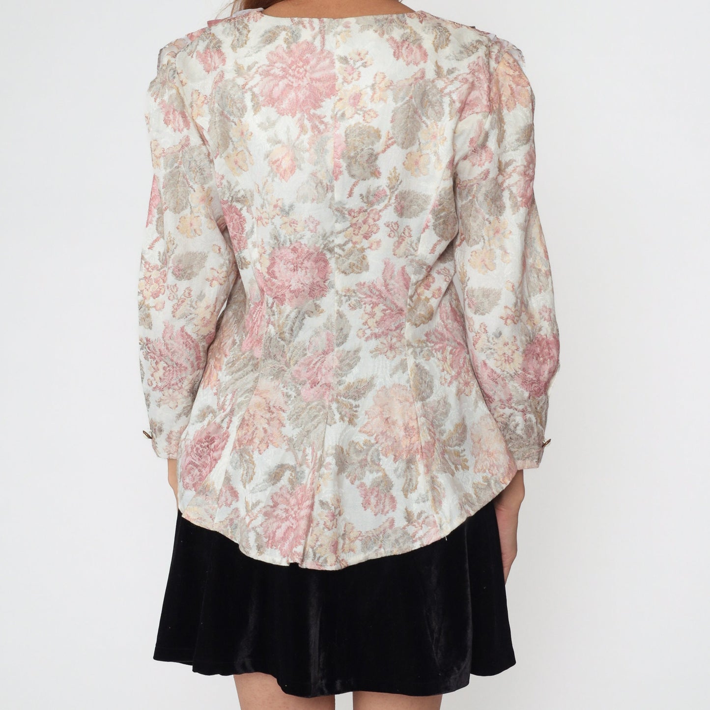 90s Floral Ruffle Blouse White Pink Button Up Long Sleeve Medium