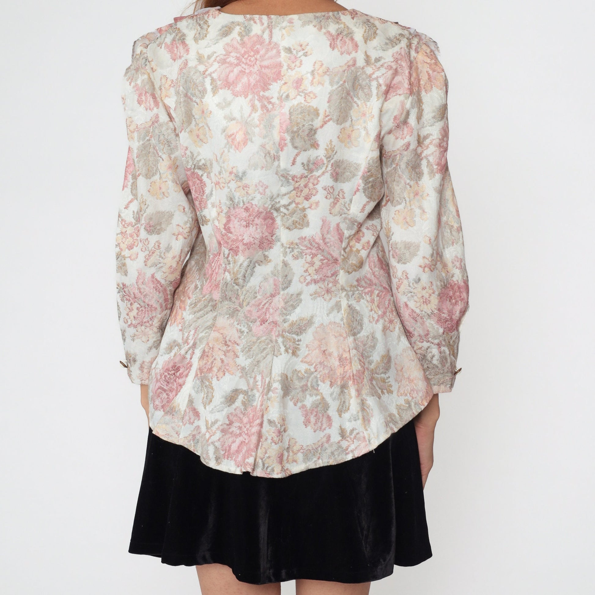 90s Floral Ruffle Blouse White Pink Button Up Long Sleeve Medium