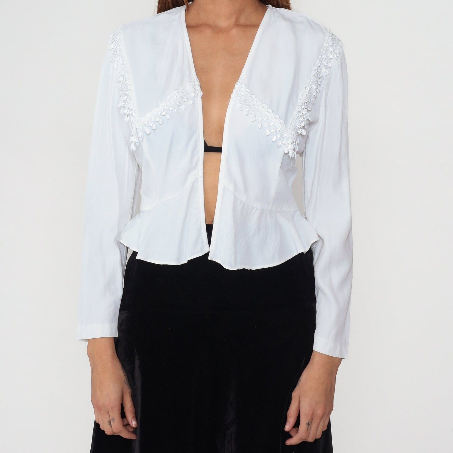 90s White Cropped Jacket Lace Collar Peplum Blazer Small S