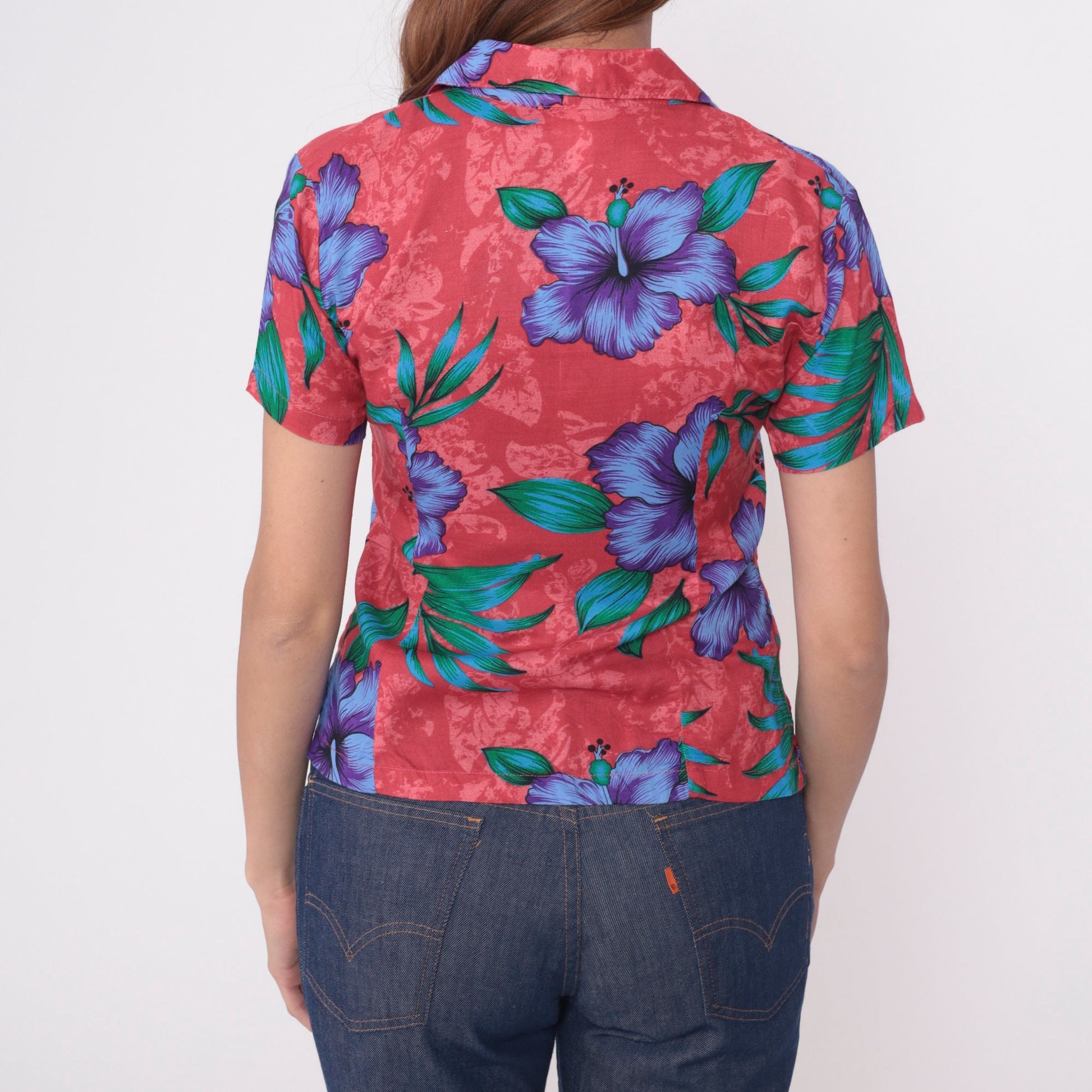 90s Red Tropical Floral Hibiscus Button-Up Blouse Short Sleeve Small