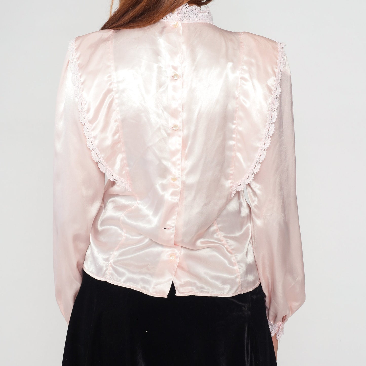 80s Baby Pink Lace Blouse Mock Neck Ruffled Long Sleeve Satin Shirt Medium