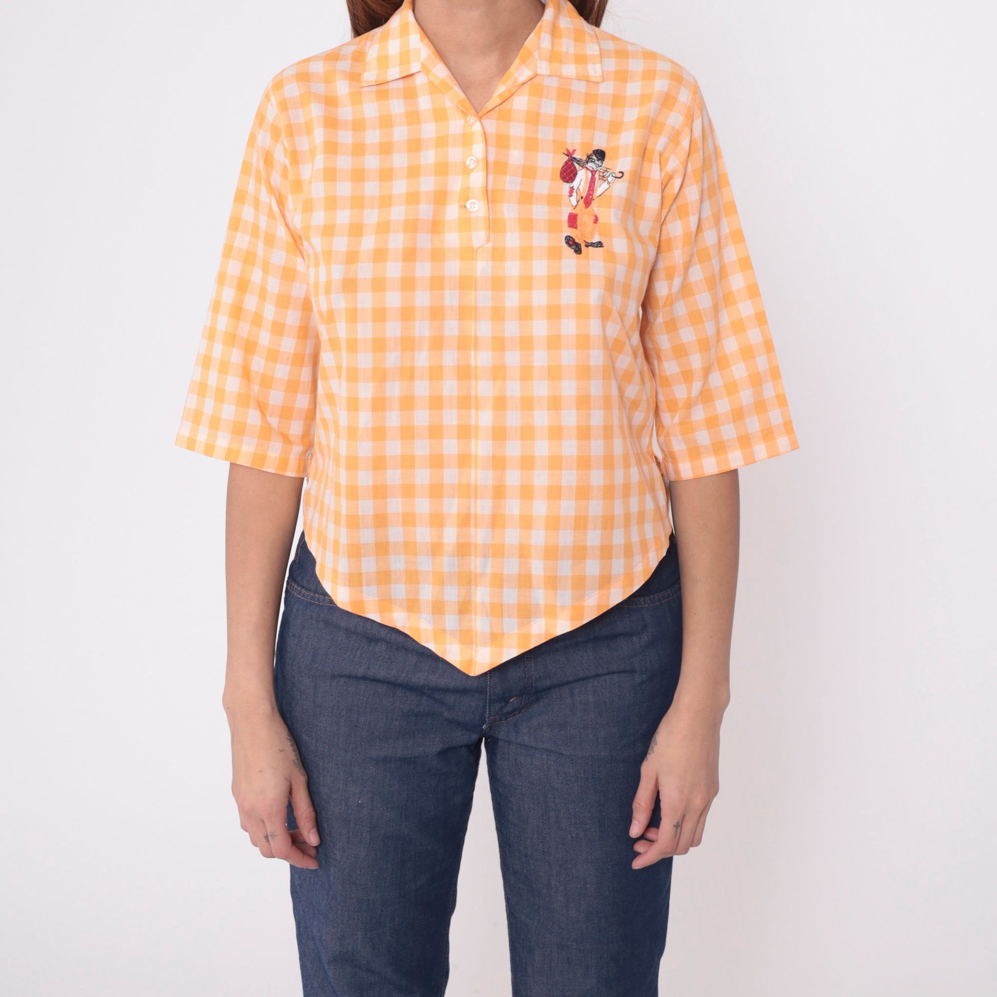 70s Ship n Shore Orange Gingham Blouse Vagabond Clown Embroidered 3/4 Sleeve Extra Small XS