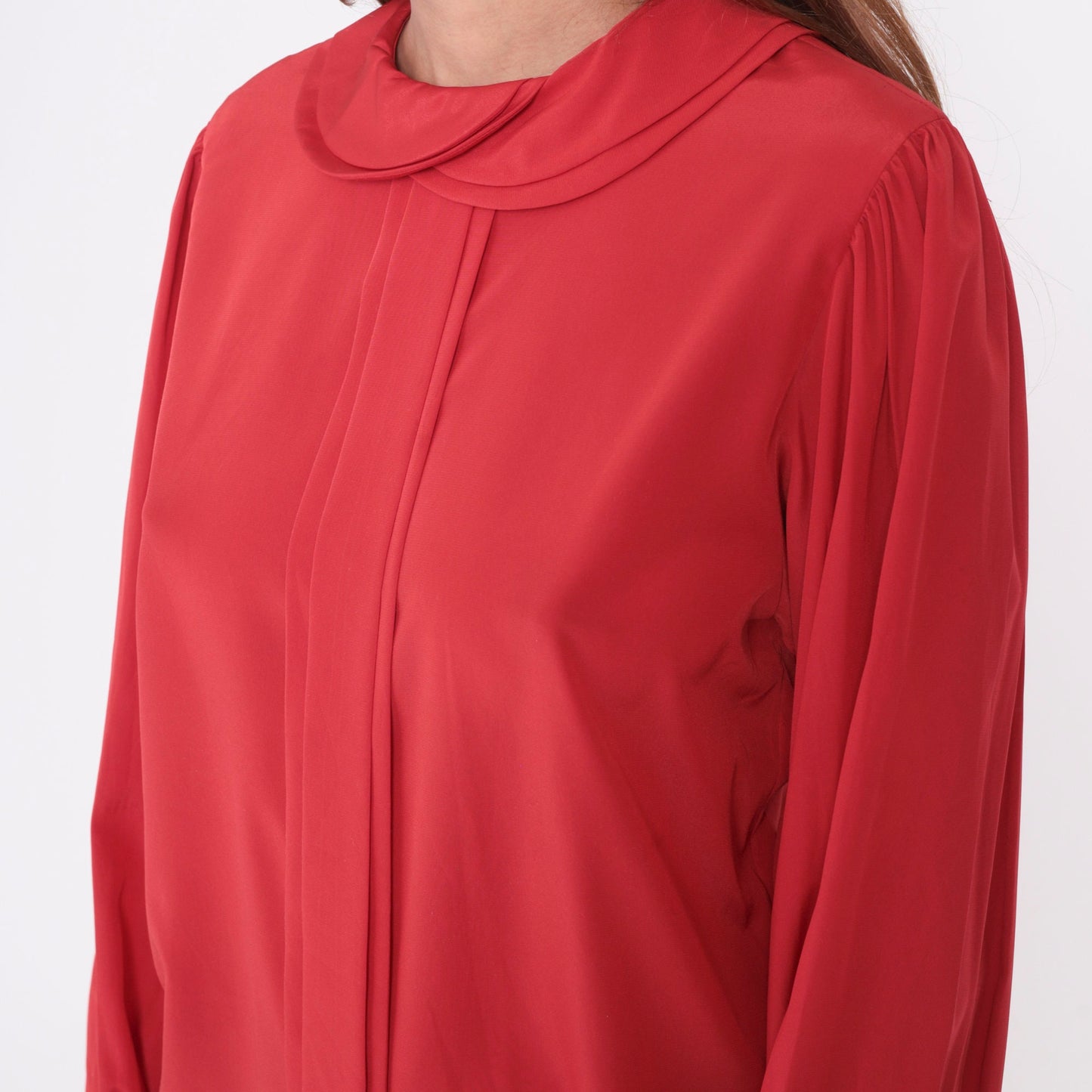 80s Red Puff Sleeve Blouse Peter Pan Collar Pleated Button Up Medium