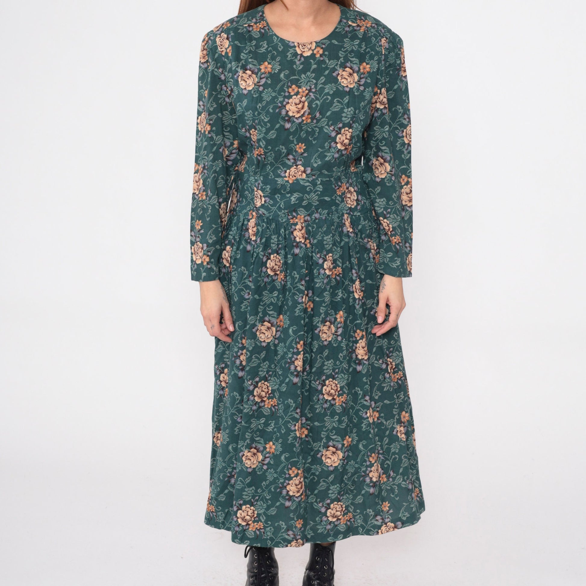 90s Karin Stevens Floral Midi Dress Green Orange Long Sleeve Drop Waist Extra Large