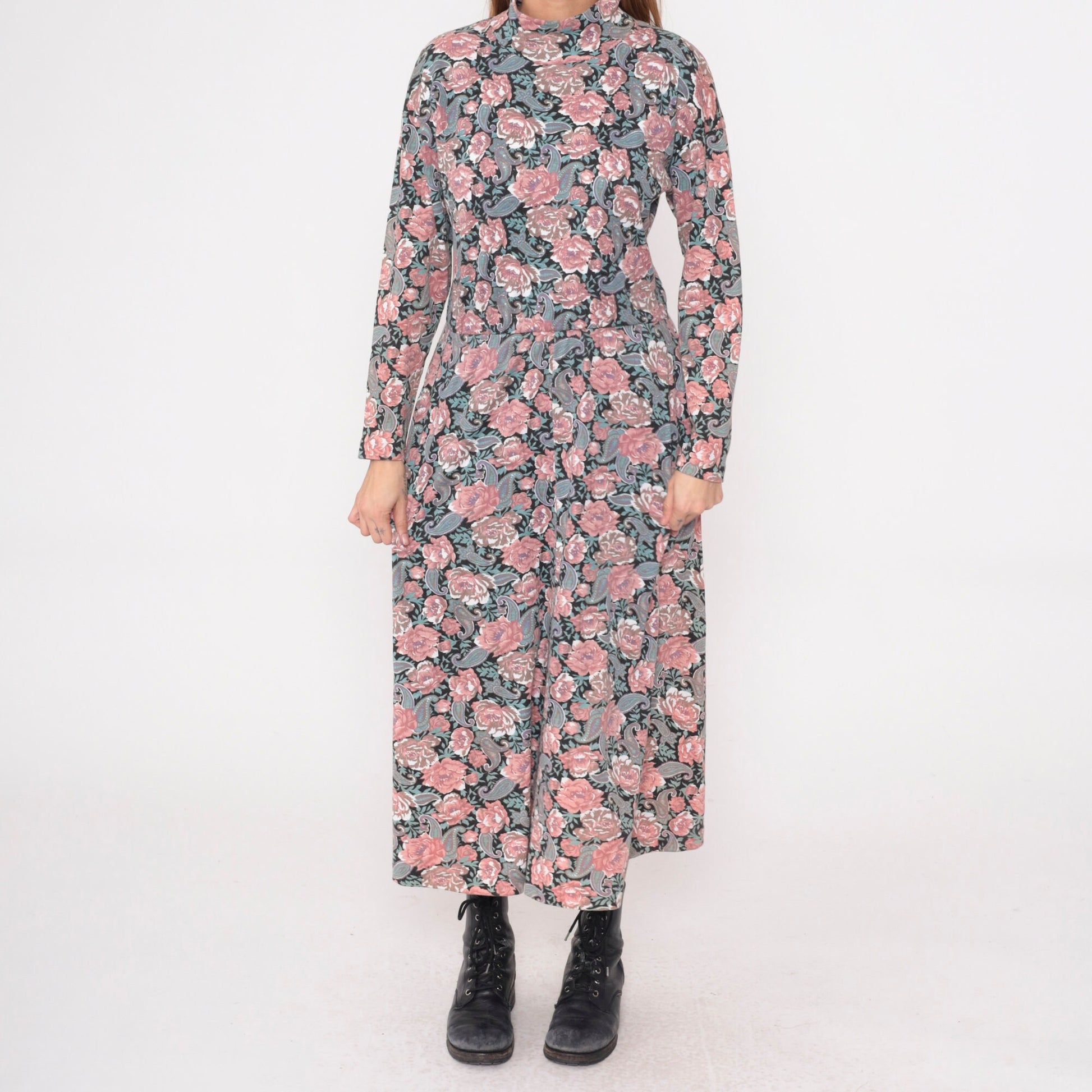90s Floral Paisley Mock Neck Midi Dress Pink Blue Long Sleeve Small