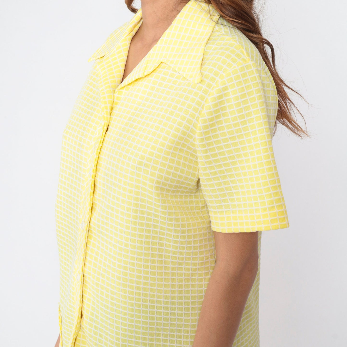 70s Yellow Checkered Button-Up Blouse Dagger Collar Short Sleeve Large L