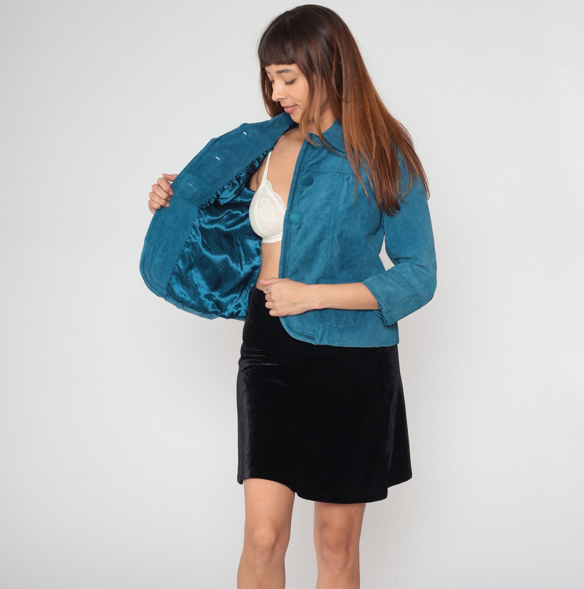 Y2K Chico's Blue Suede Jacket Cropped Button-Up 3/4 Sleeve Extra Small