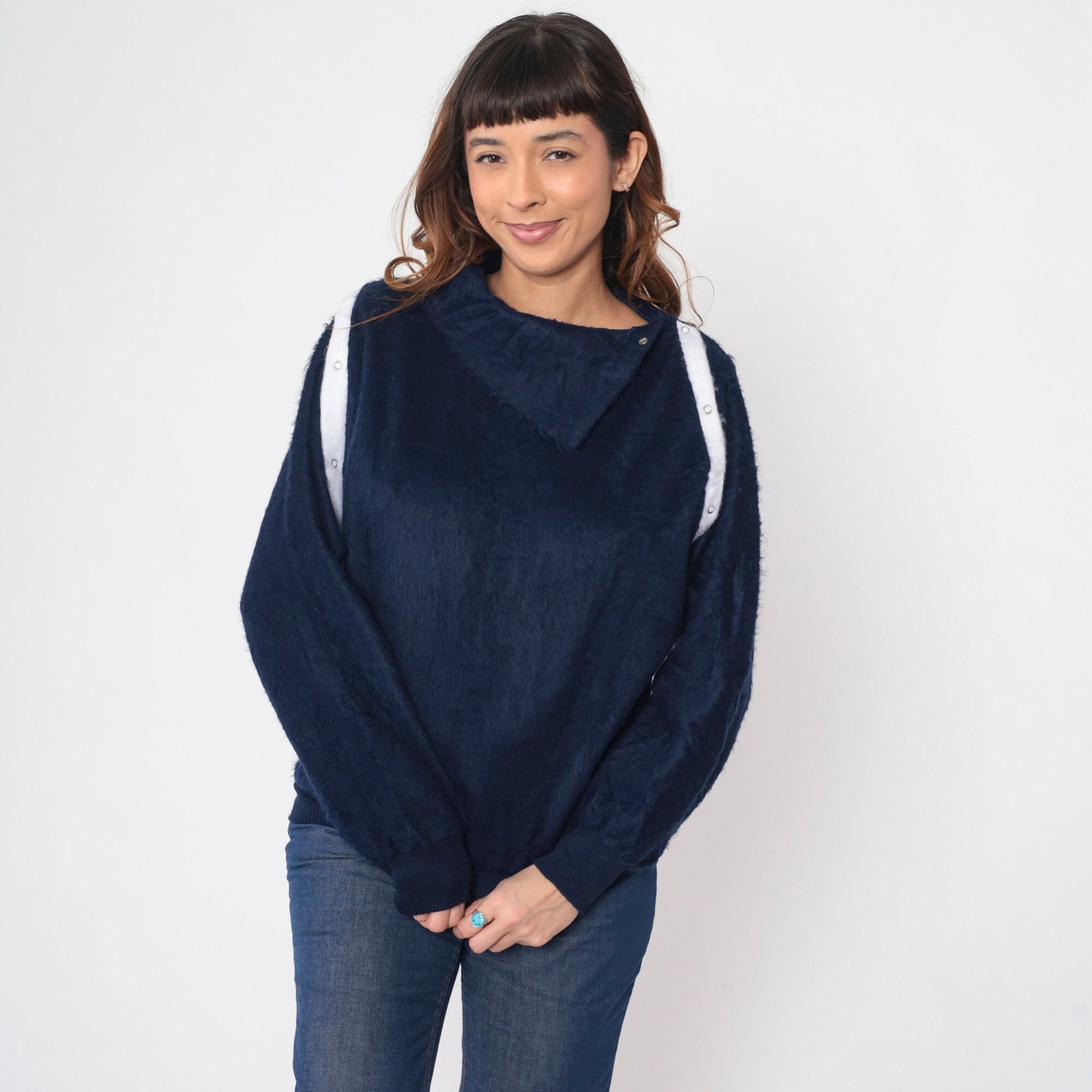 80s Navy Shaggy Fleece Sweatshirt Asymmetrical Shawl Collar Snap Pullover Small