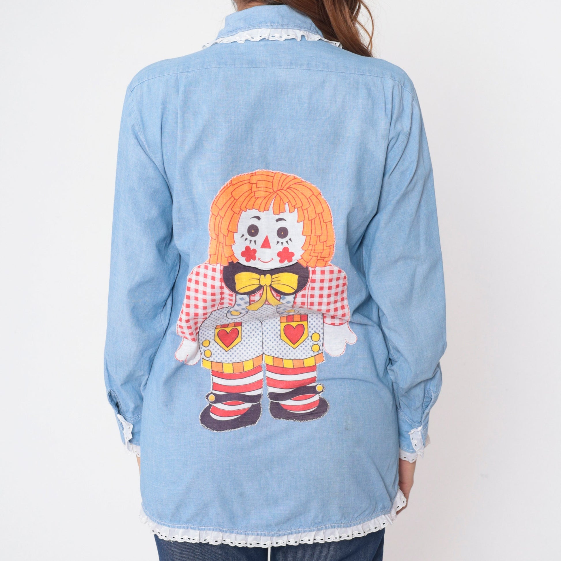 70s Lee Raggedy Ann Chambray Button-Up Blouse Blue Eyelet Lace Medium